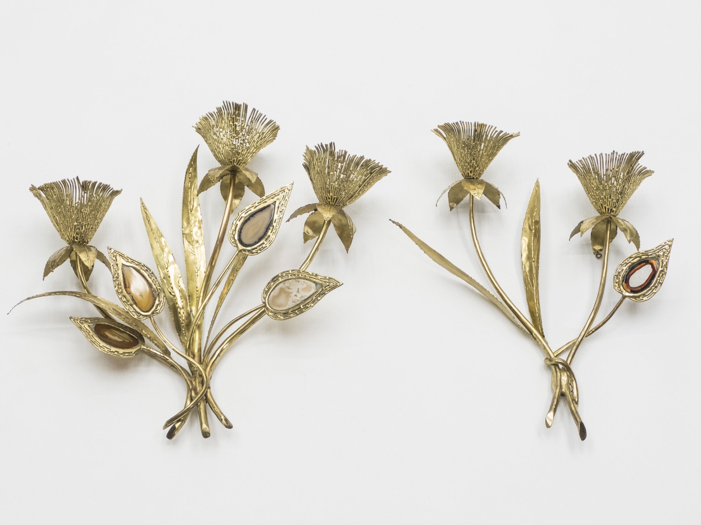 Large pair of signed J. Duval Brasseur foliated brass and agate wall-lights 1970s