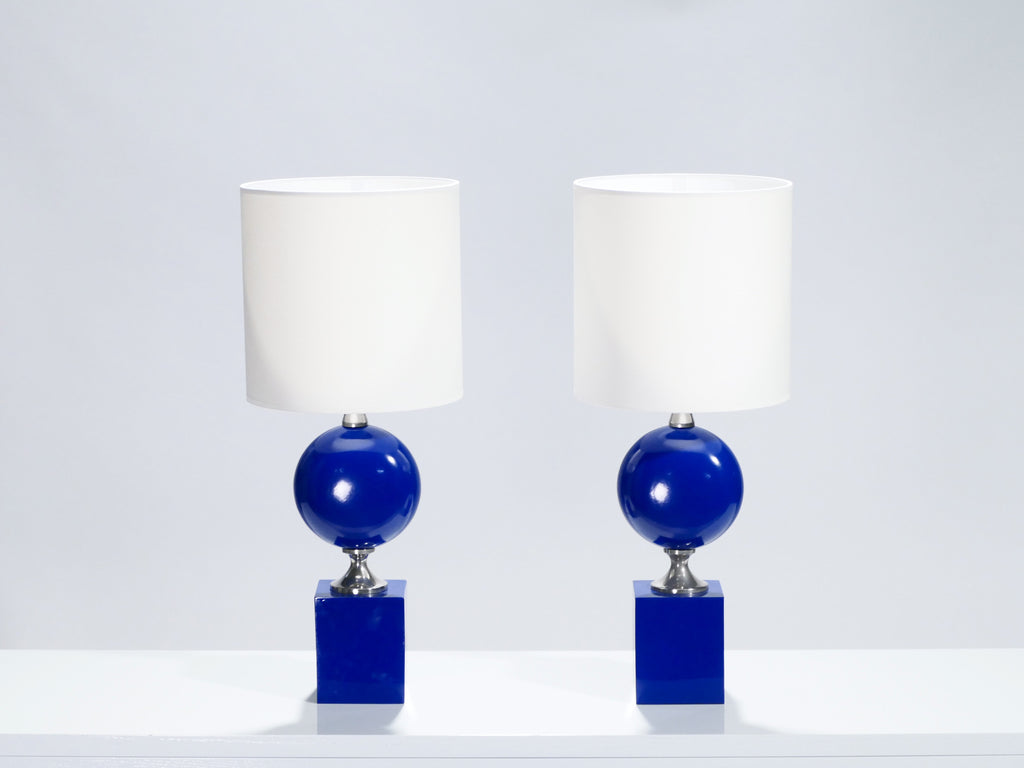 Pair of blue lacquered metal lamps by Philippe Barbier 1970’s