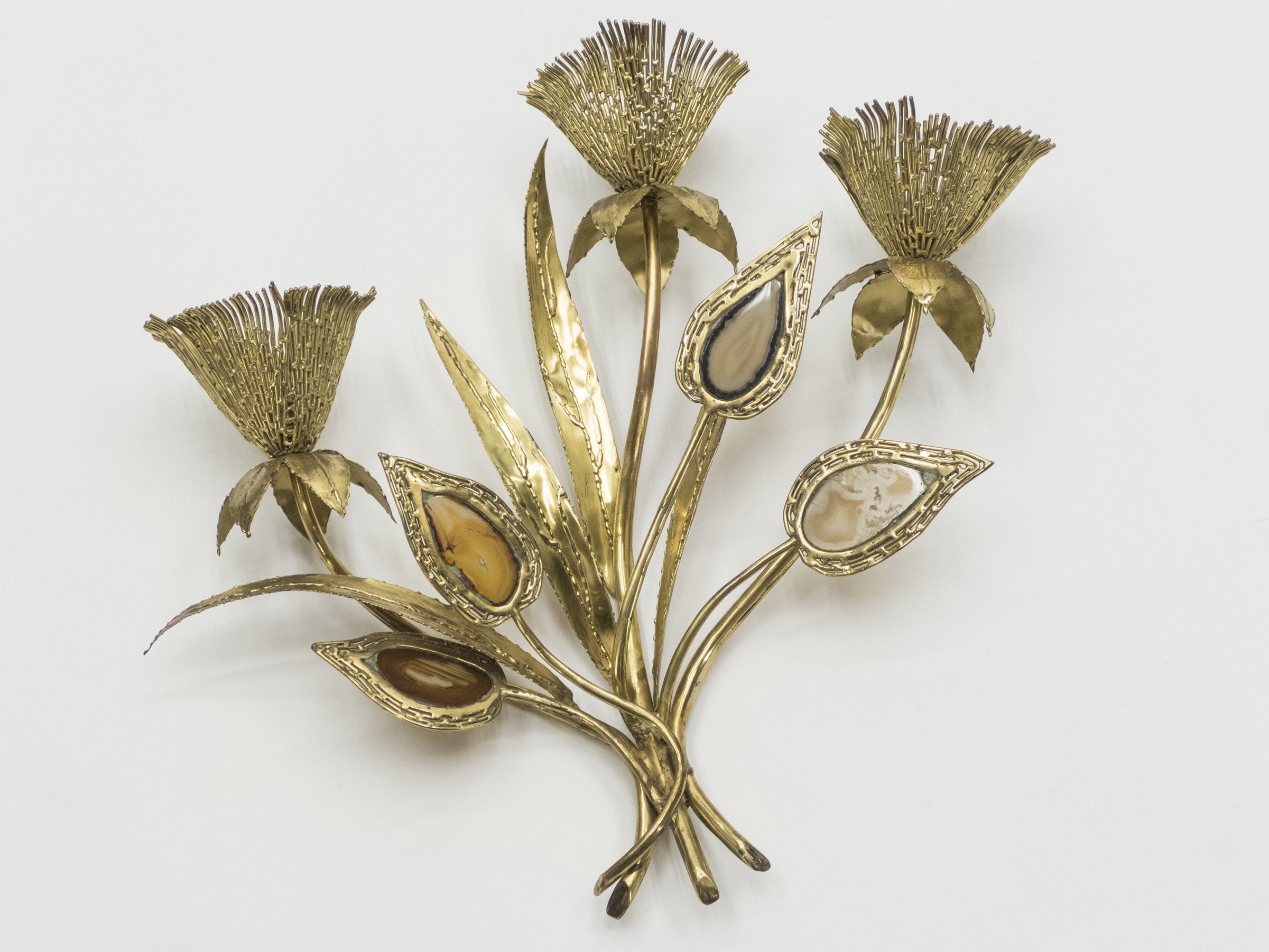 Large pair of signed J. Duval Brasseur foliated brass and agate wall-lights 1970s