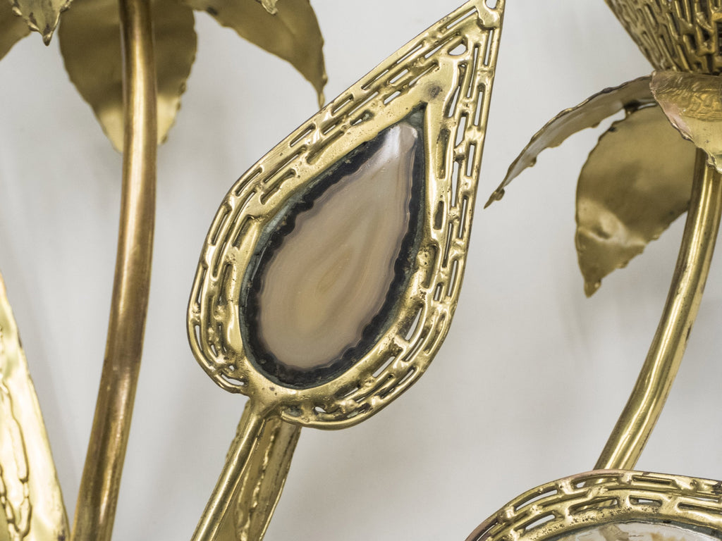Large pair of signed J. Duval Brasseur foliated brass and agate wall-lights 1970s