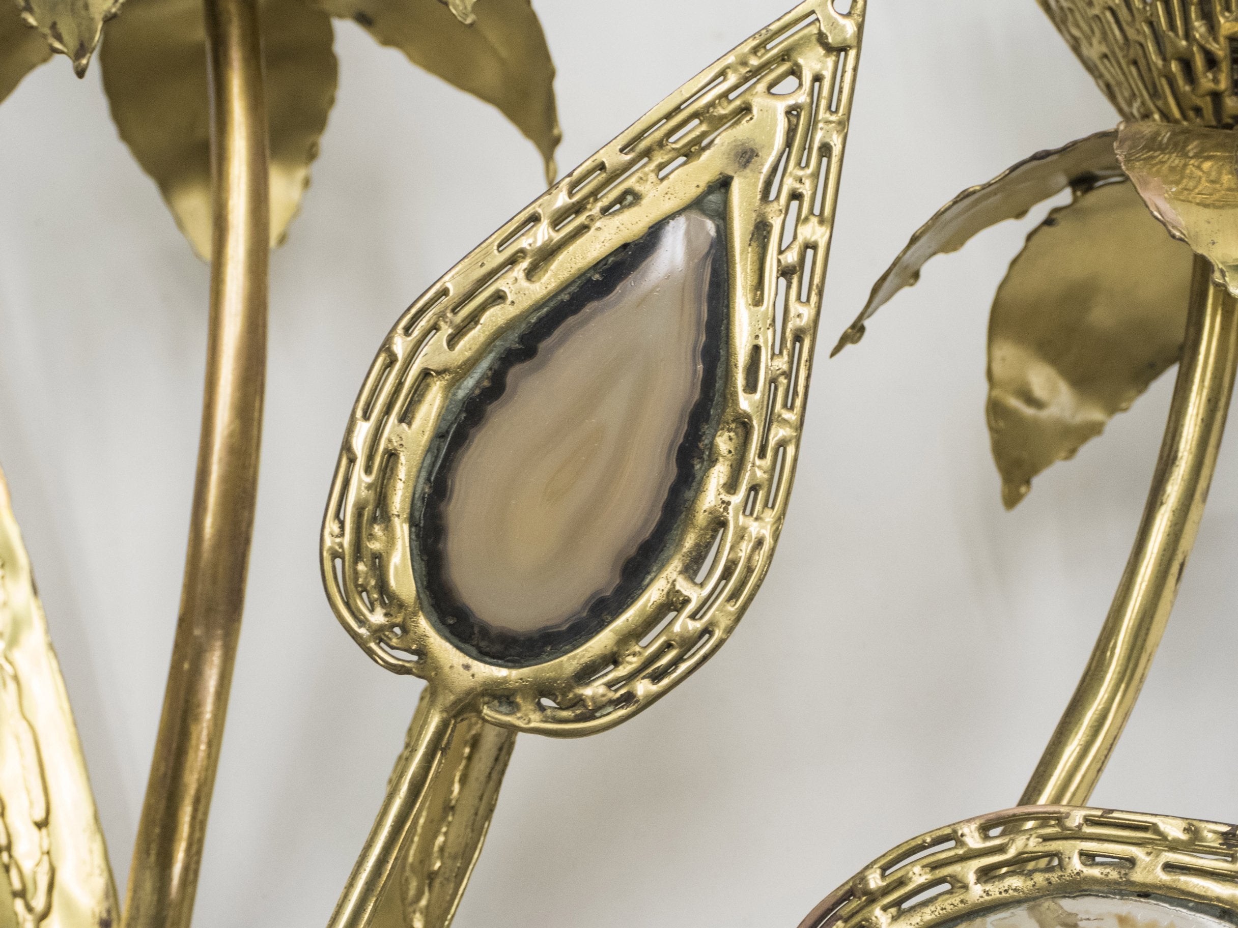 Large pair of signed J. Duval Brasseur foliated brass and agate wall-lights 1970s