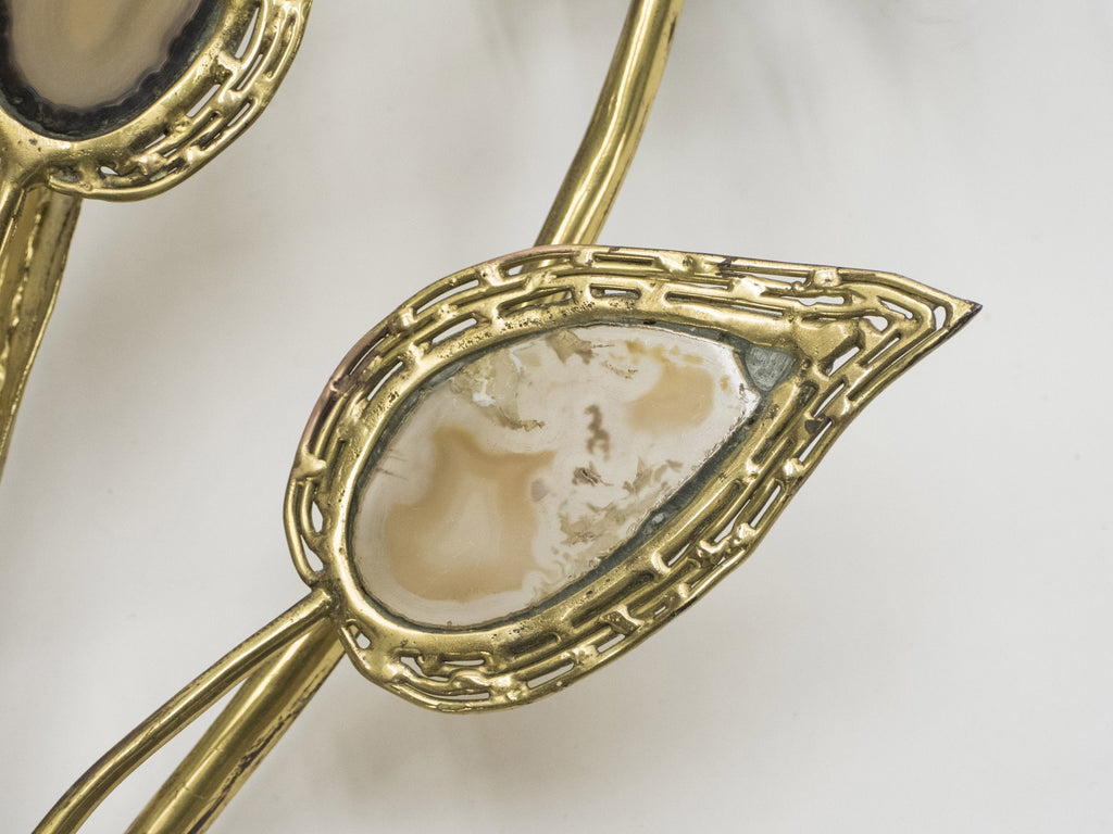 Large pair of signed J. Duval Brasseur foliated brass and agate wall-lights 1970s