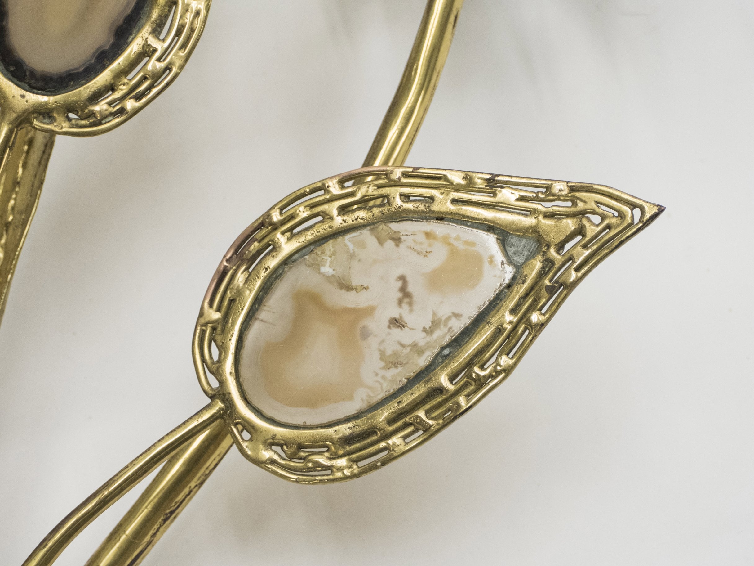 Large pair of signed J. Duval Brasseur foliated brass and agate wall-lights 1970s