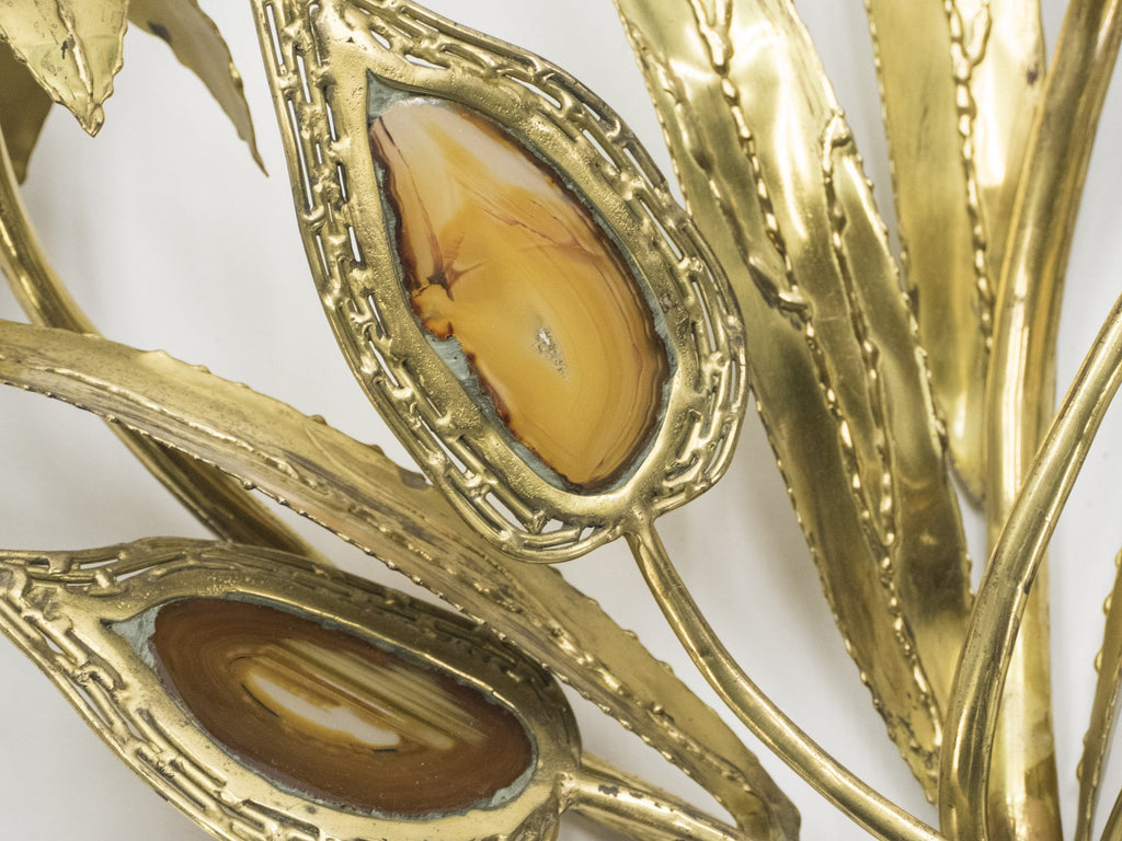 Large pair of signed J. Duval Brasseur foliated brass and agate wall-lights 1970s