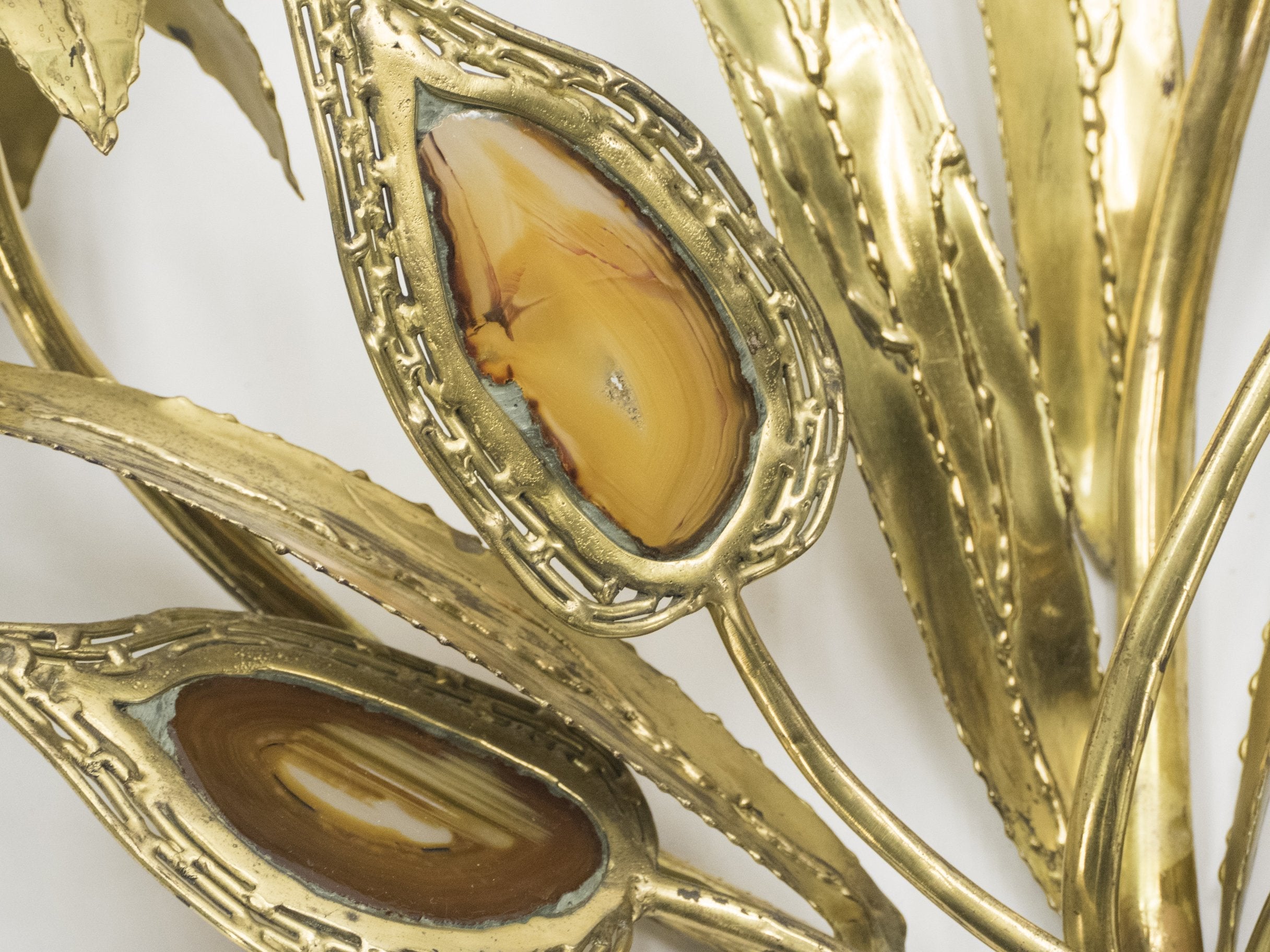 Large pair of signed J. Duval Brasseur foliated brass and agate wall-lights 1970s
