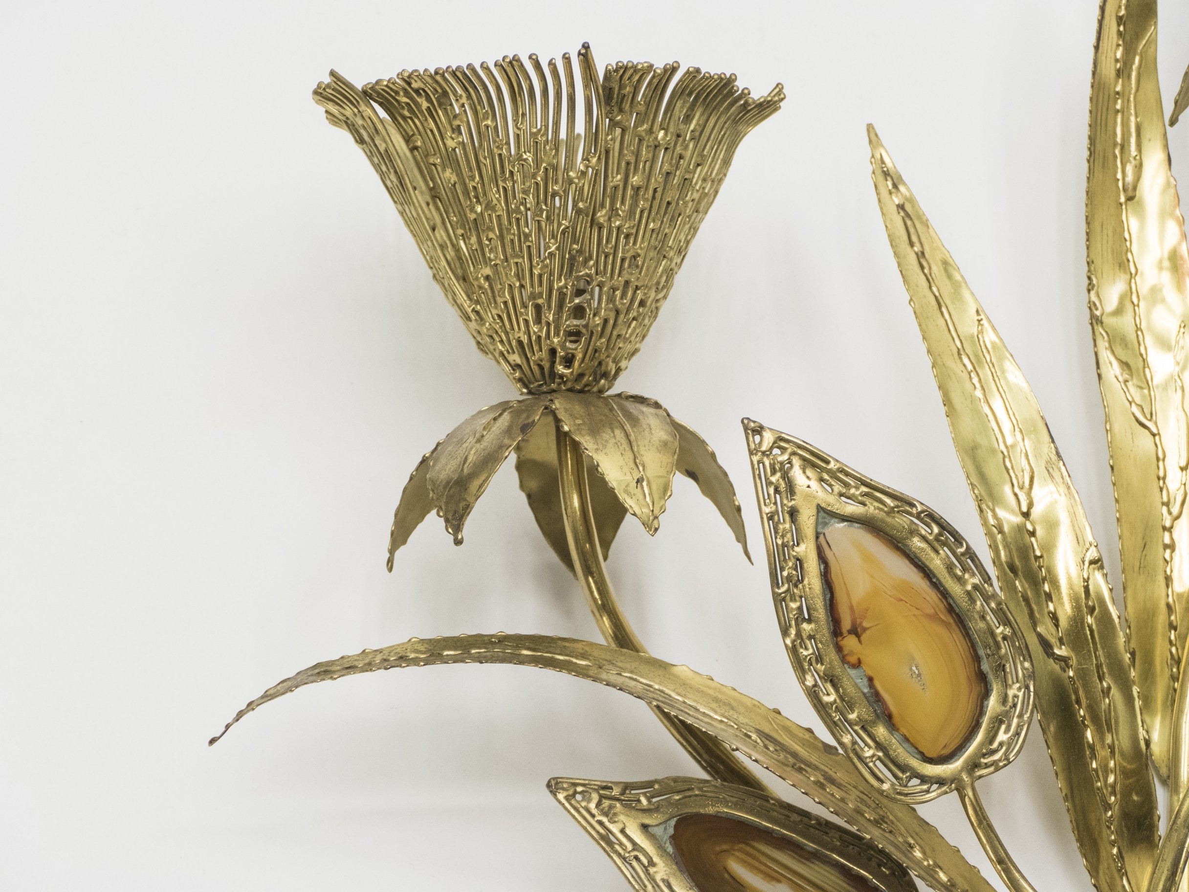 Large pair of signed J. Duval Brasseur foliated brass and agate wall-lights 1970s