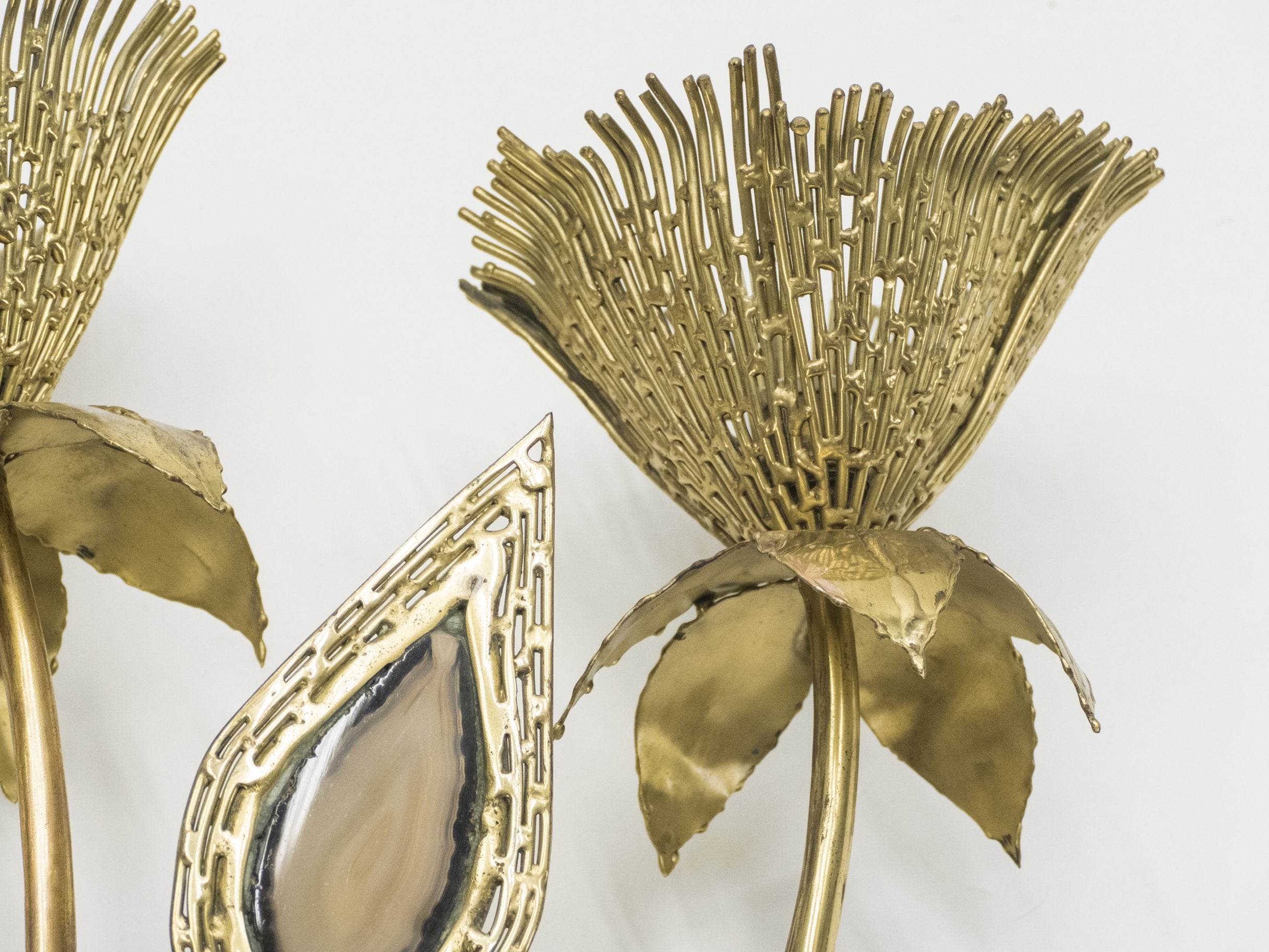 Large pair of signed J. Duval Brasseur foliated brass and agate wall-lights 1970s