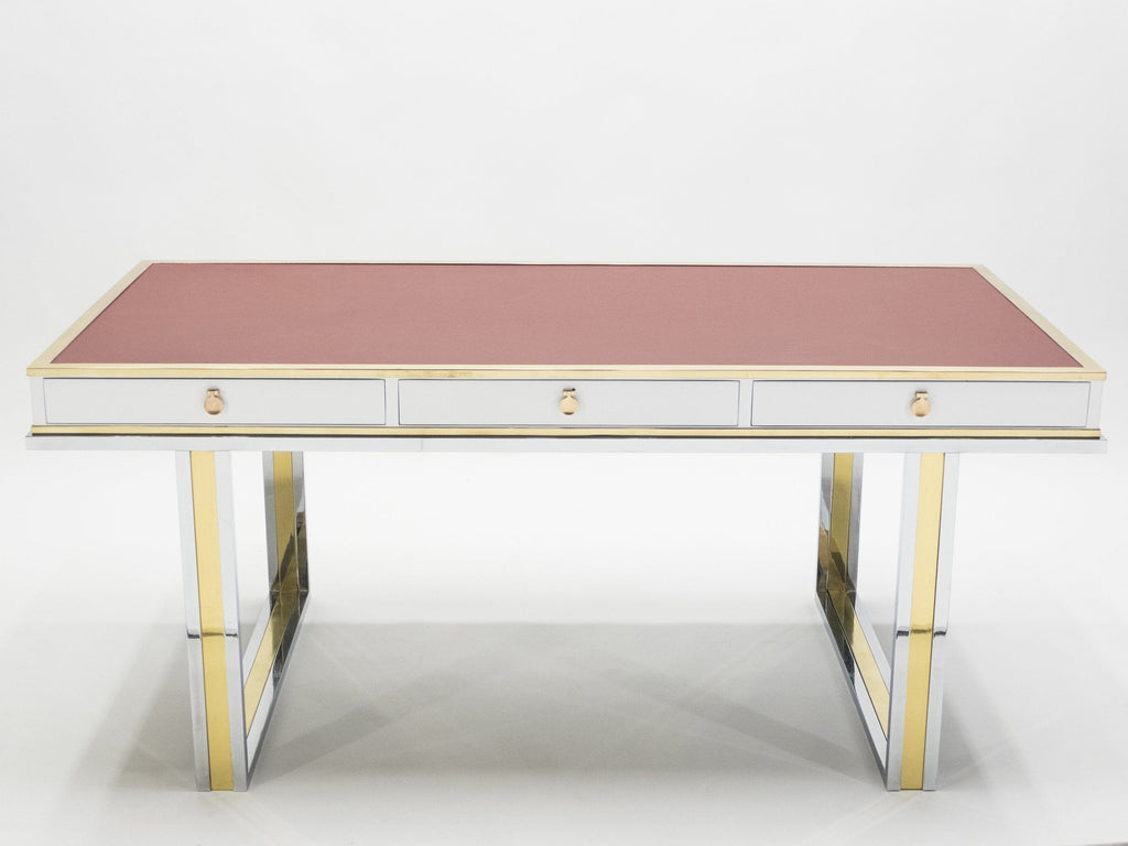 Unique French desk white lacquer brass red leather by Atelier La Boetie 1974