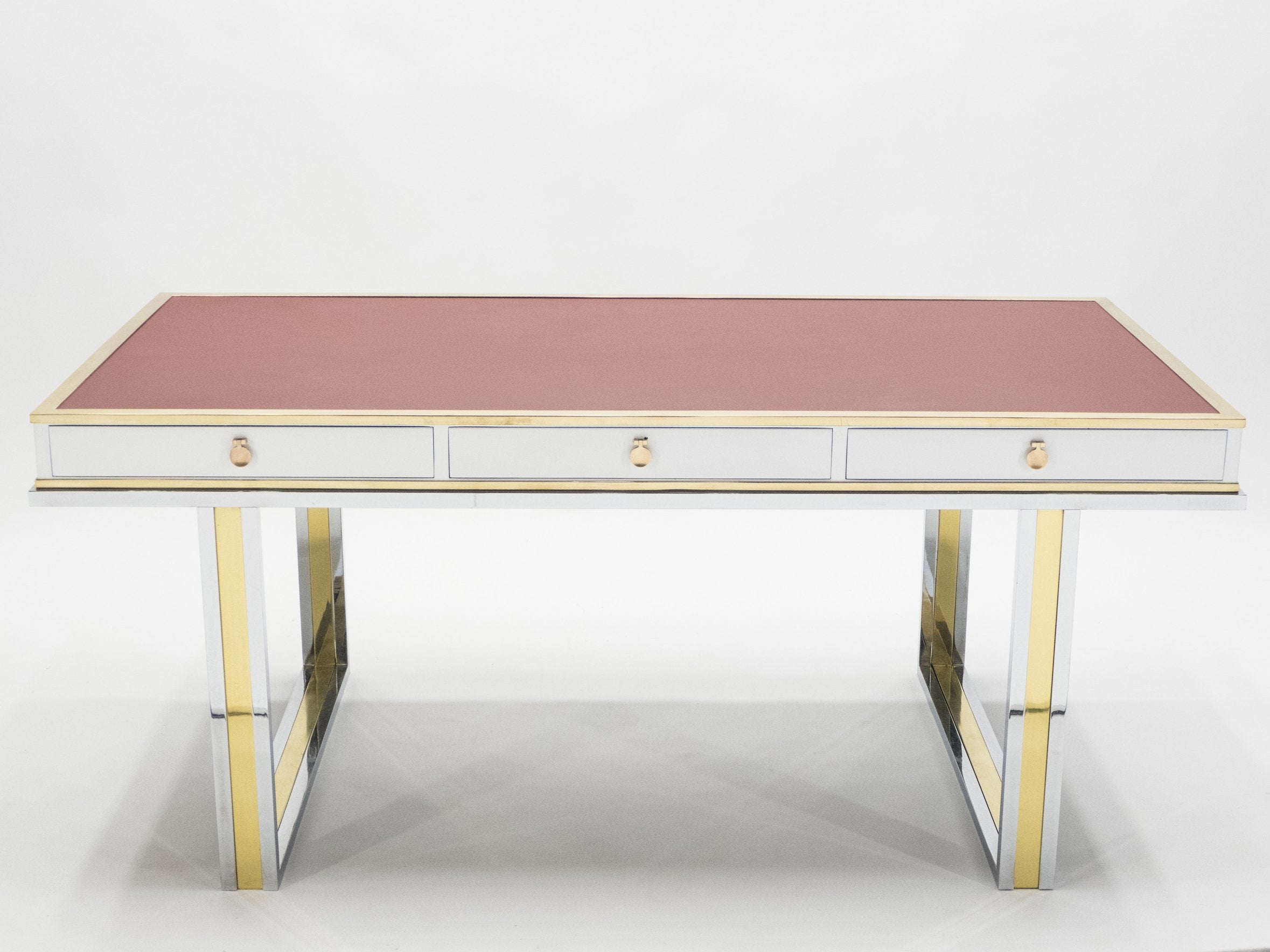 Unique French desk white lacquer brass red leather by Atelier La Boetie 1974