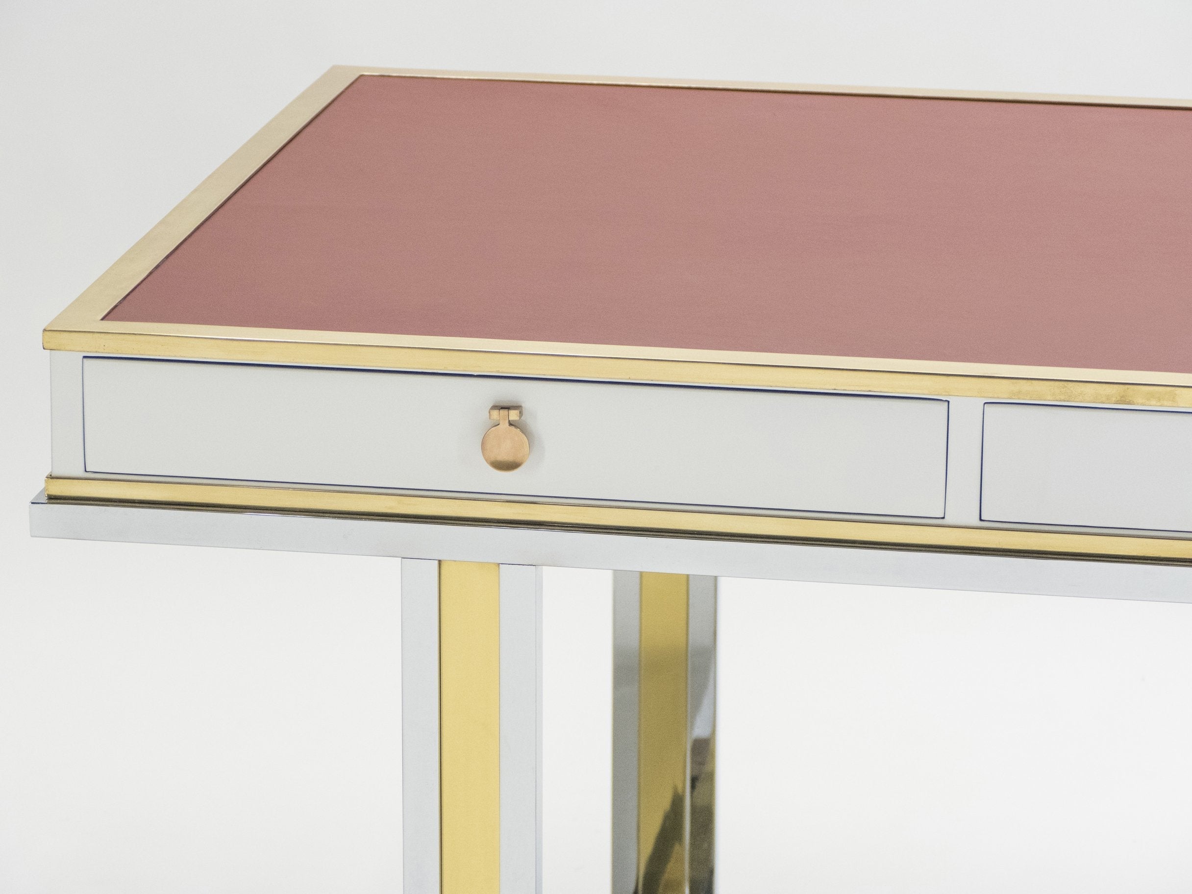 Unique French desk white lacquer brass red leather by Atelier La Boetie 1974