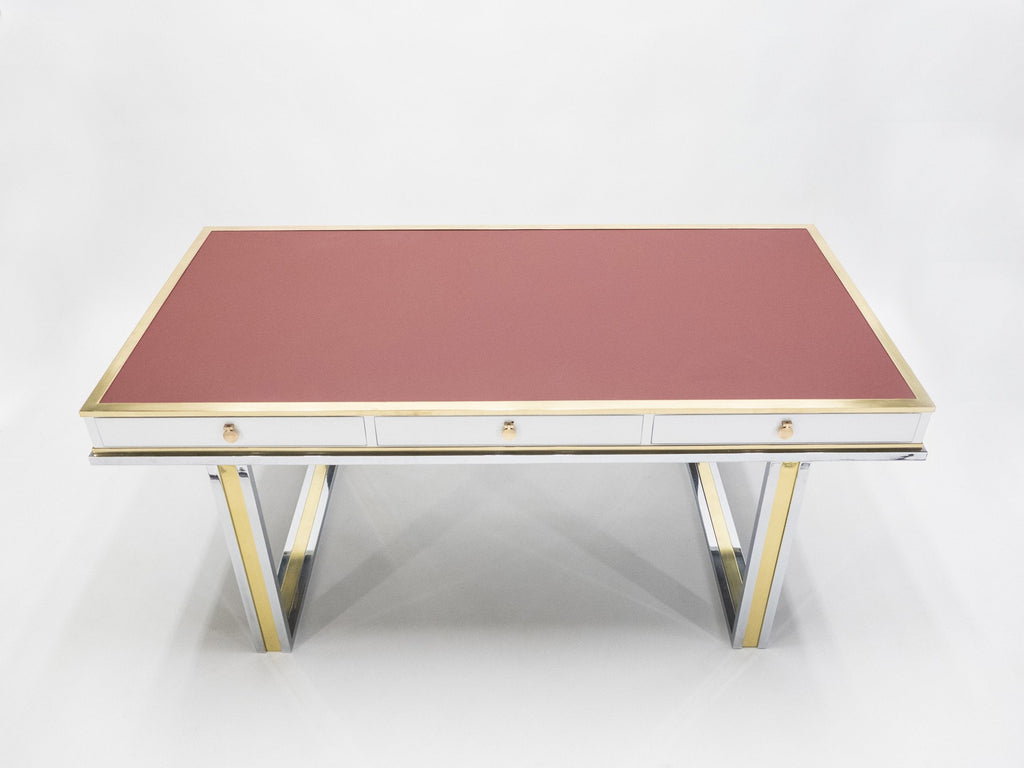 Unique French desk white lacquer brass red leather by Atelier La Boetie 1974
