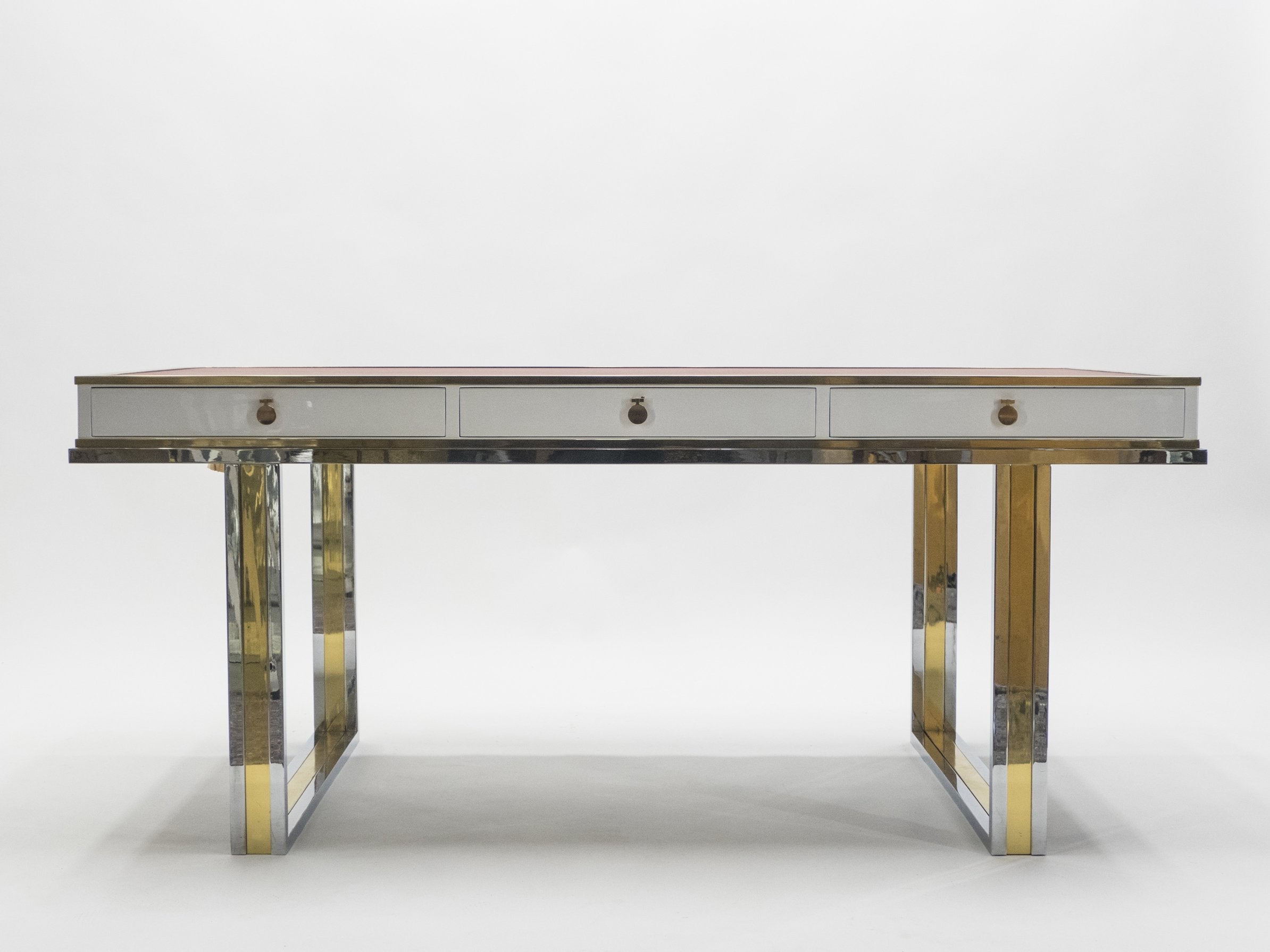 Unique French desk white lacquer brass red leather by Atelier La Boetie 1974