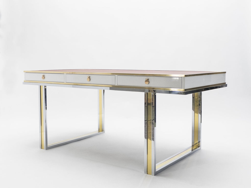 Unique French desk white lacquer brass red leather by Atelier La Boetie 1974