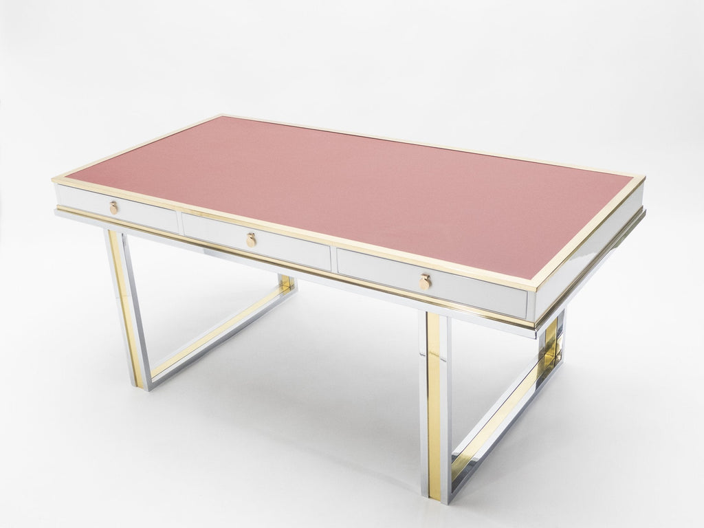 Unique French desk white lacquer brass red leather by Atelier La Boetie 1974