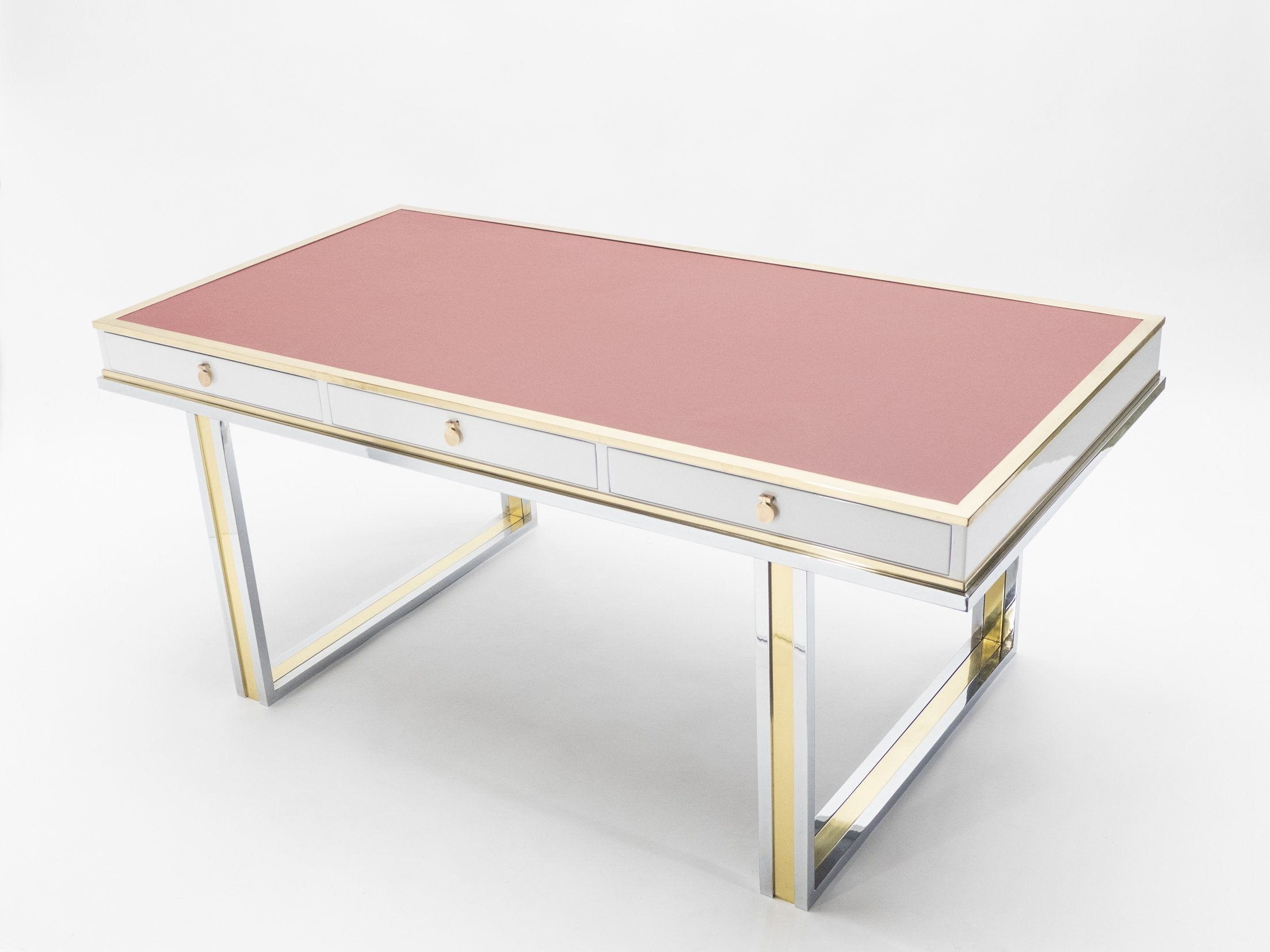 Unique French desk white lacquer brass red leather by Atelier La Boetie 1974