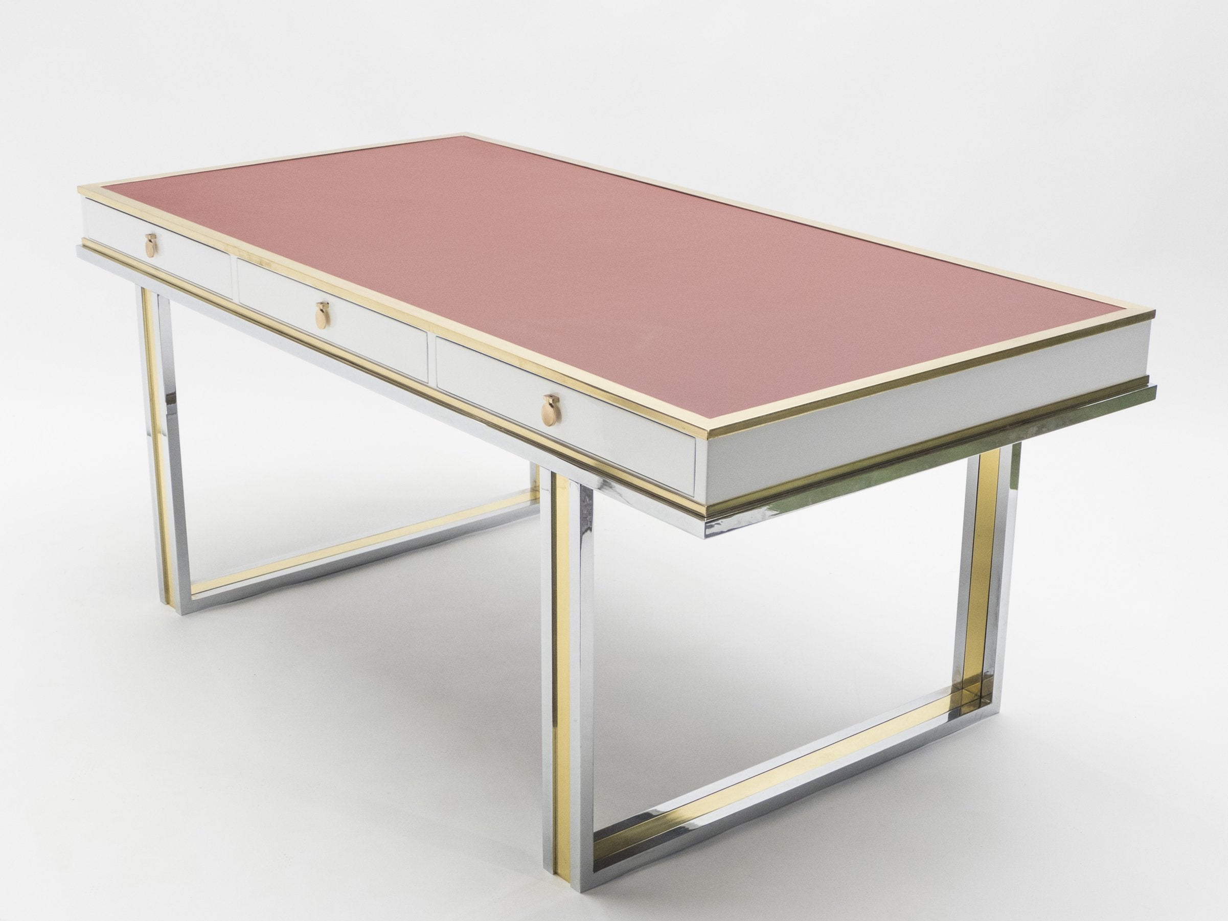 Unique French desk white lacquer brass red leather by Atelier La Boetie 1974