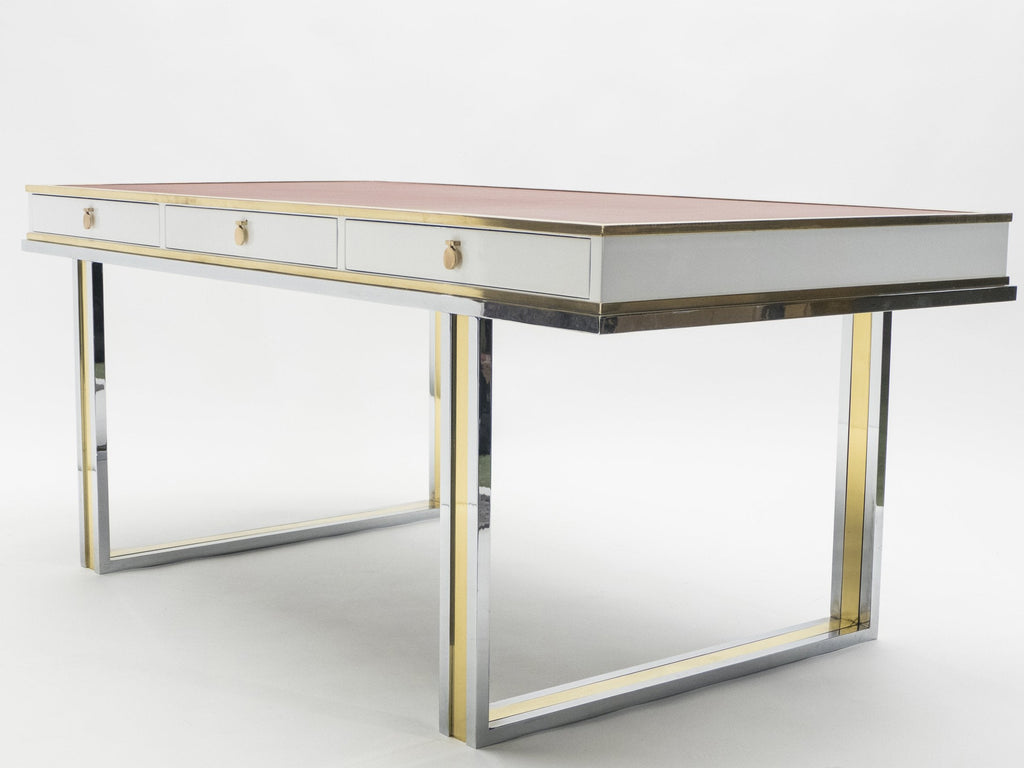 Unique French desk white lacquer brass red leather by Atelier La Boetie 1974