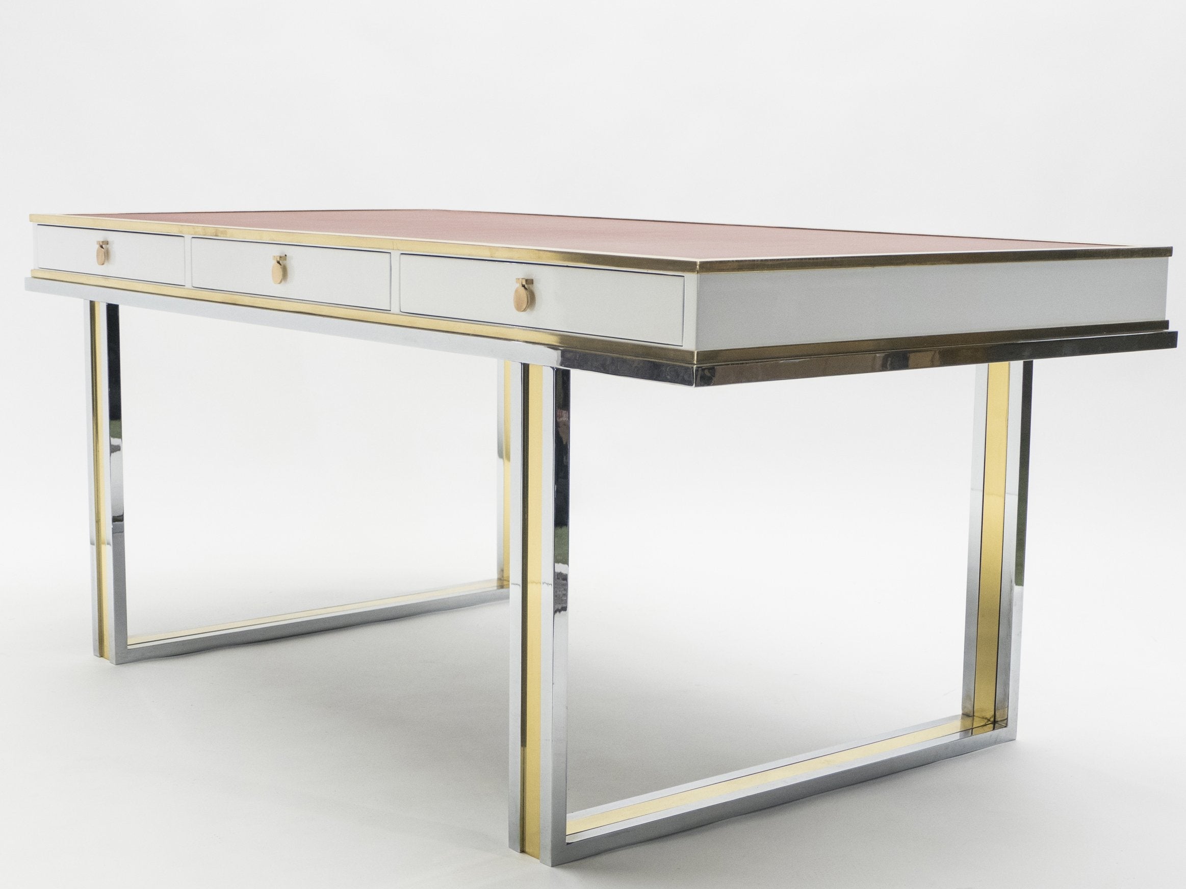 Unique French desk white lacquer brass red leather by Atelier La Boetie 1974