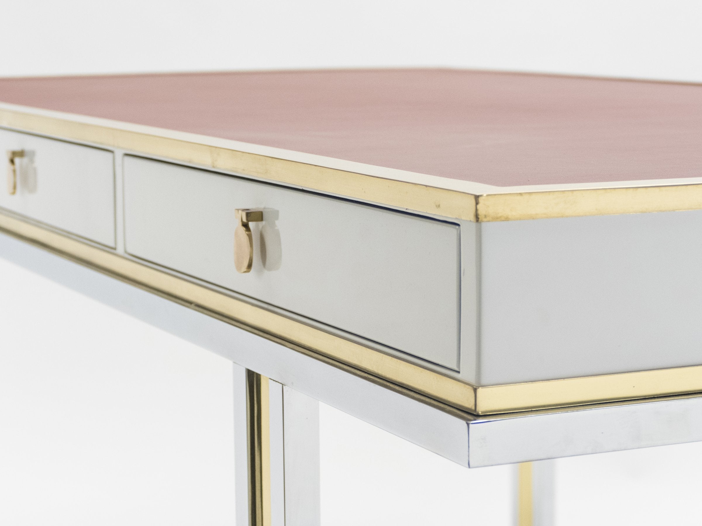 Unique French desk white lacquer brass red leather by Atelier La Boetie 1974