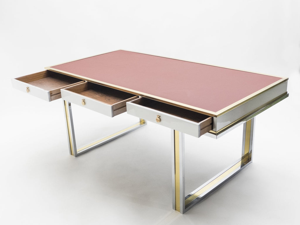 Unique French desk white lacquer brass red leather by Atelier La Boetie 1974