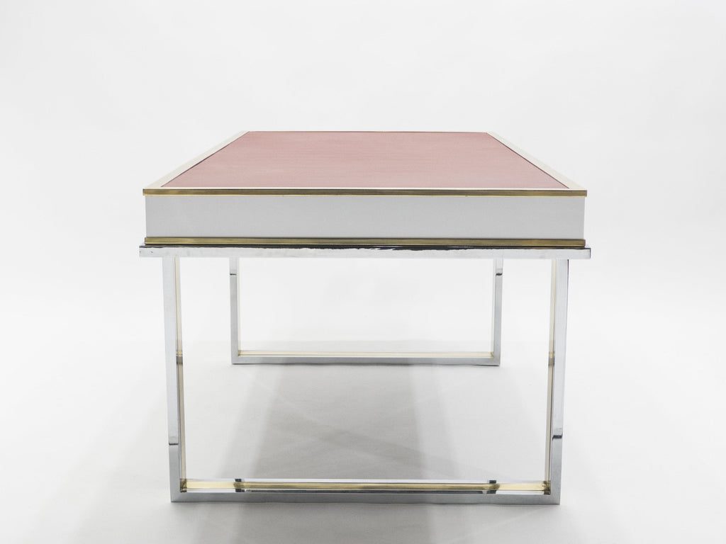 Unique French desk white lacquer brass red leather by Atelier La Boetie 1974