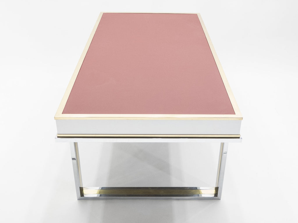 Unique French desk white lacquer brass red leather by Atelier La Boetie 1974