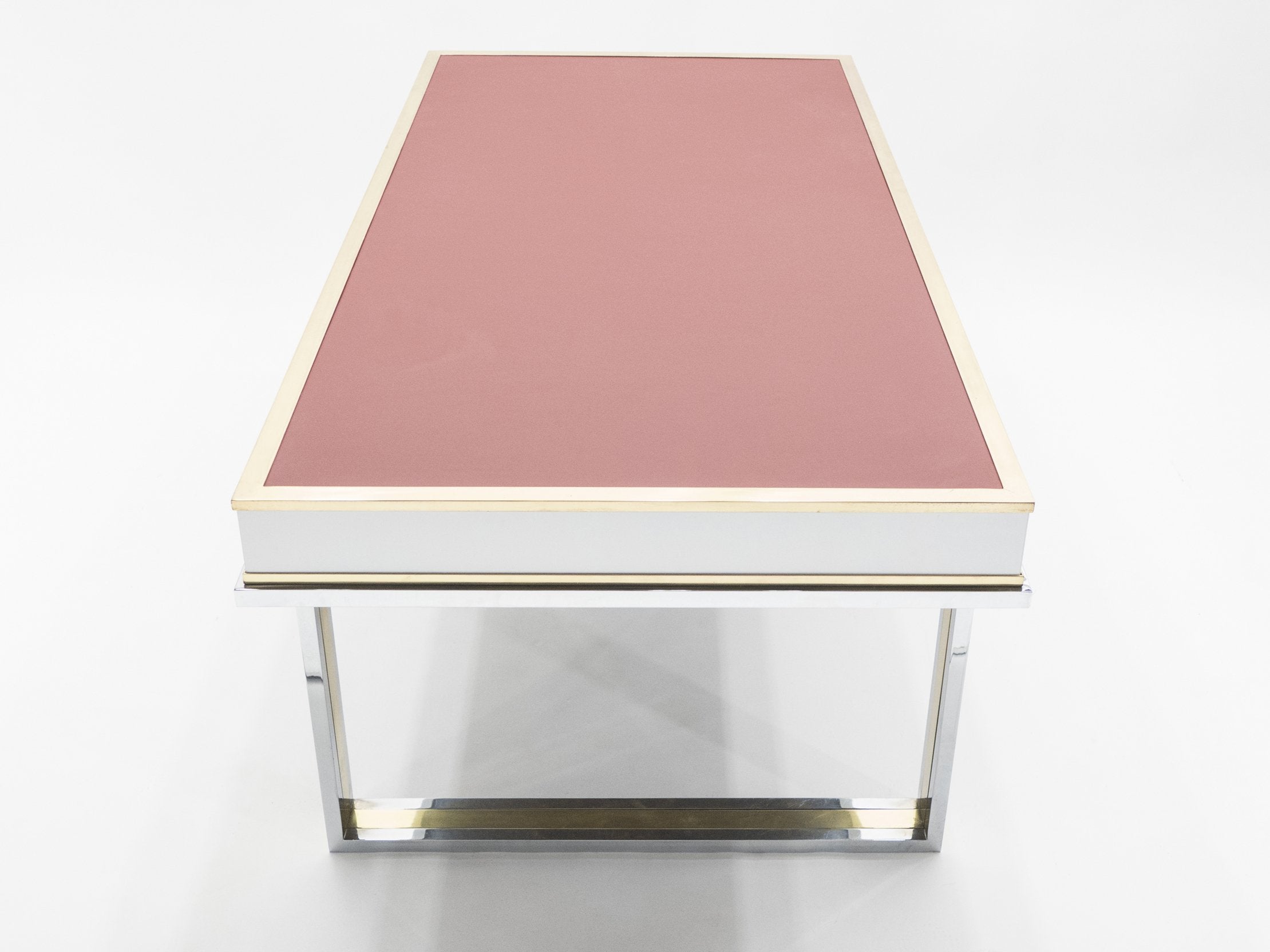 Unique French desk white lacquer brass red leather by Atelier La Boetie 1974