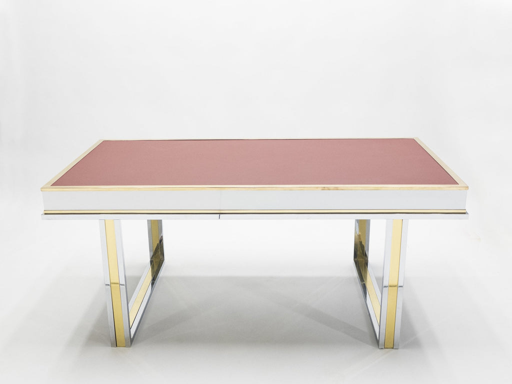 Unique French desk white lacquer brass red leather by Atelier La Boetie 1974