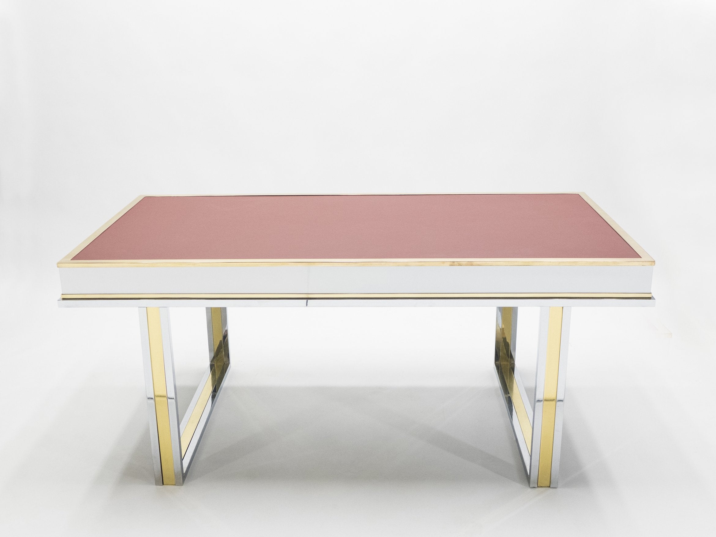 Unique French desk white lacquer brass red leather by Atelier La Boetie 1974