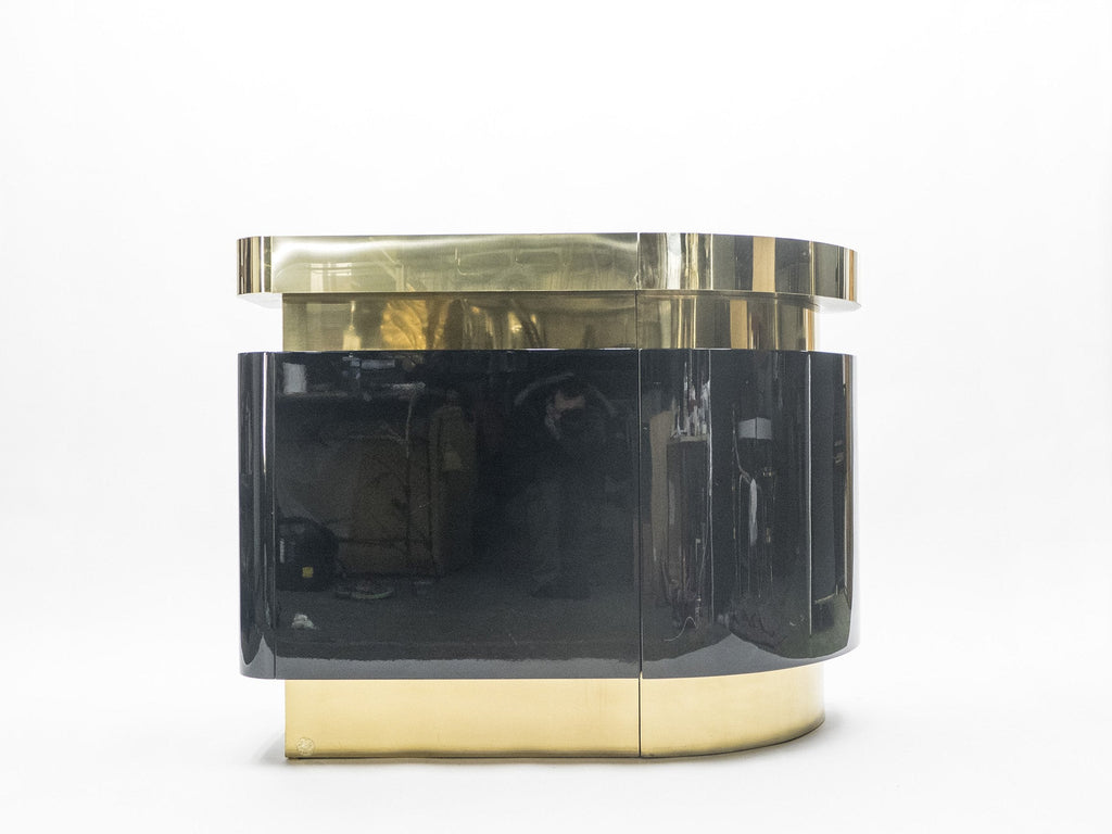 Unique French Hollywood Regency lacquer brass bar cabinet J.C. Mahey 1970s