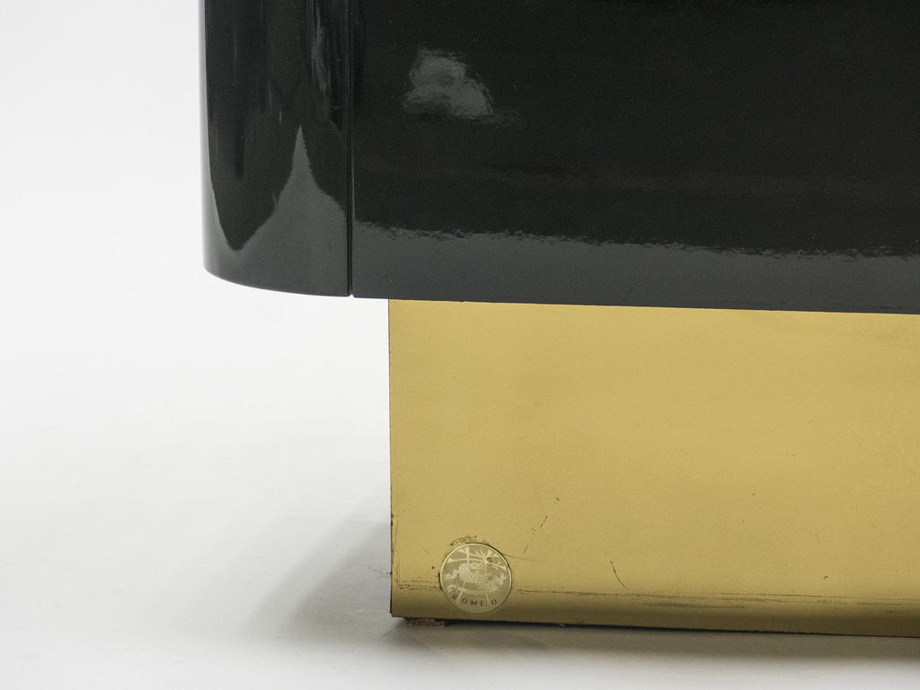 Unique French Hollywood Regency lacquer brass bar cabinet J.C. Mahey 1970s