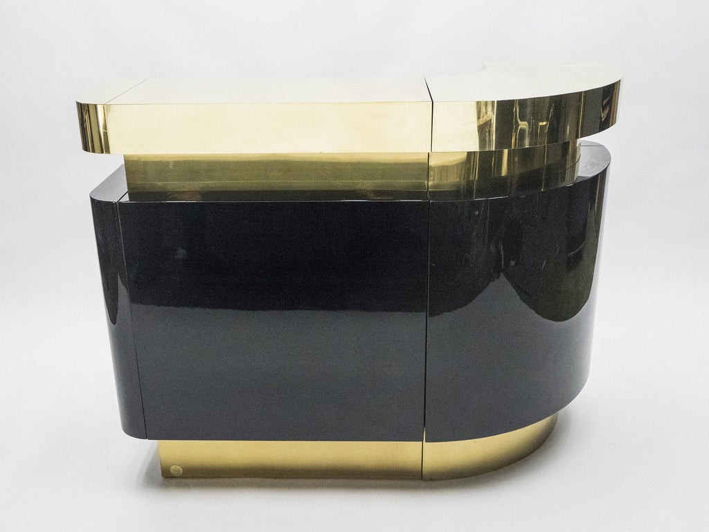 Unique French Hollywood Regency lacquer brass bar cabinet J.C. Mahey 1970s
