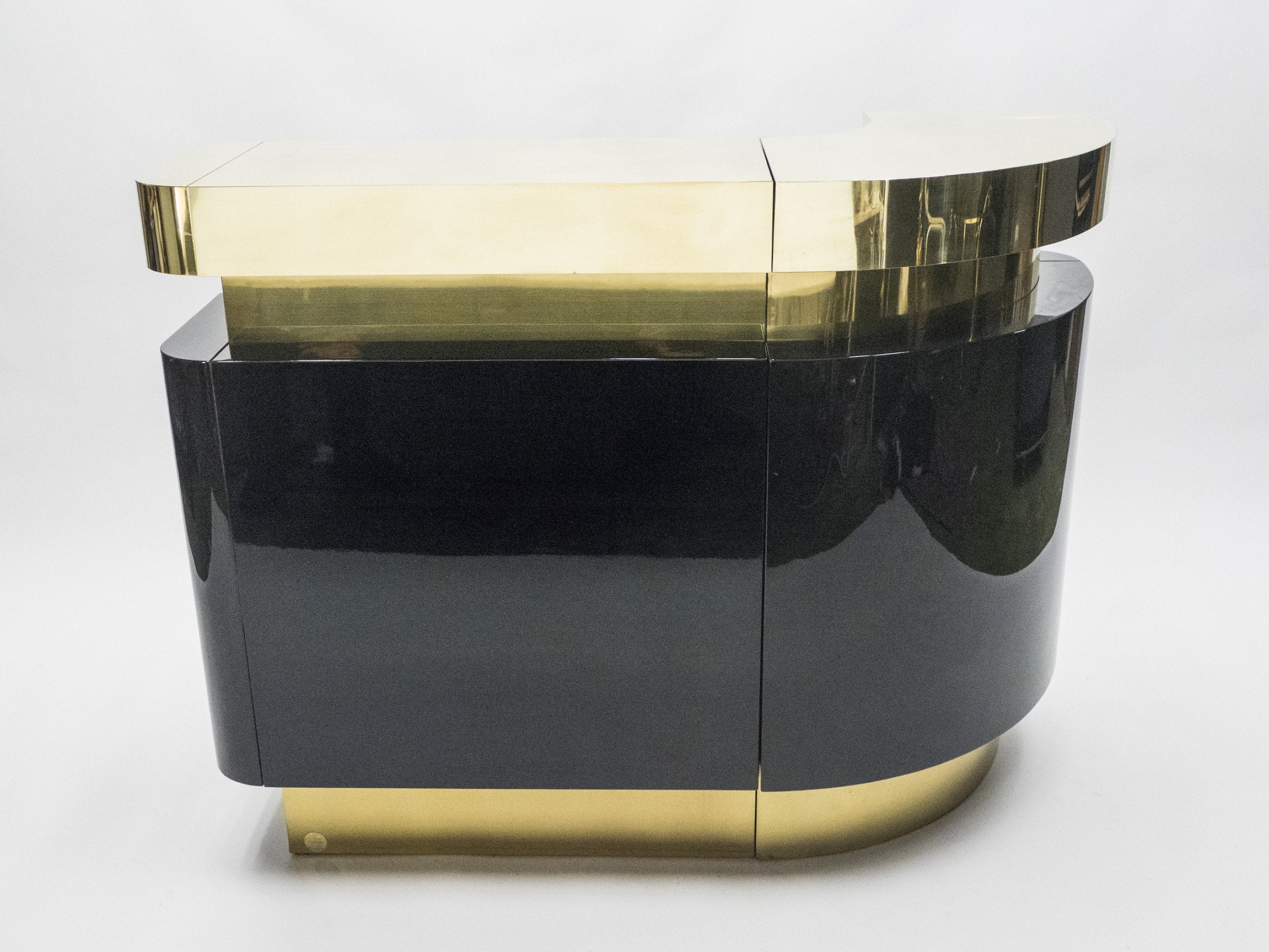 Unique French Hollywood Regency lacquer brass bar cabinet J.C. Mahey 1970s