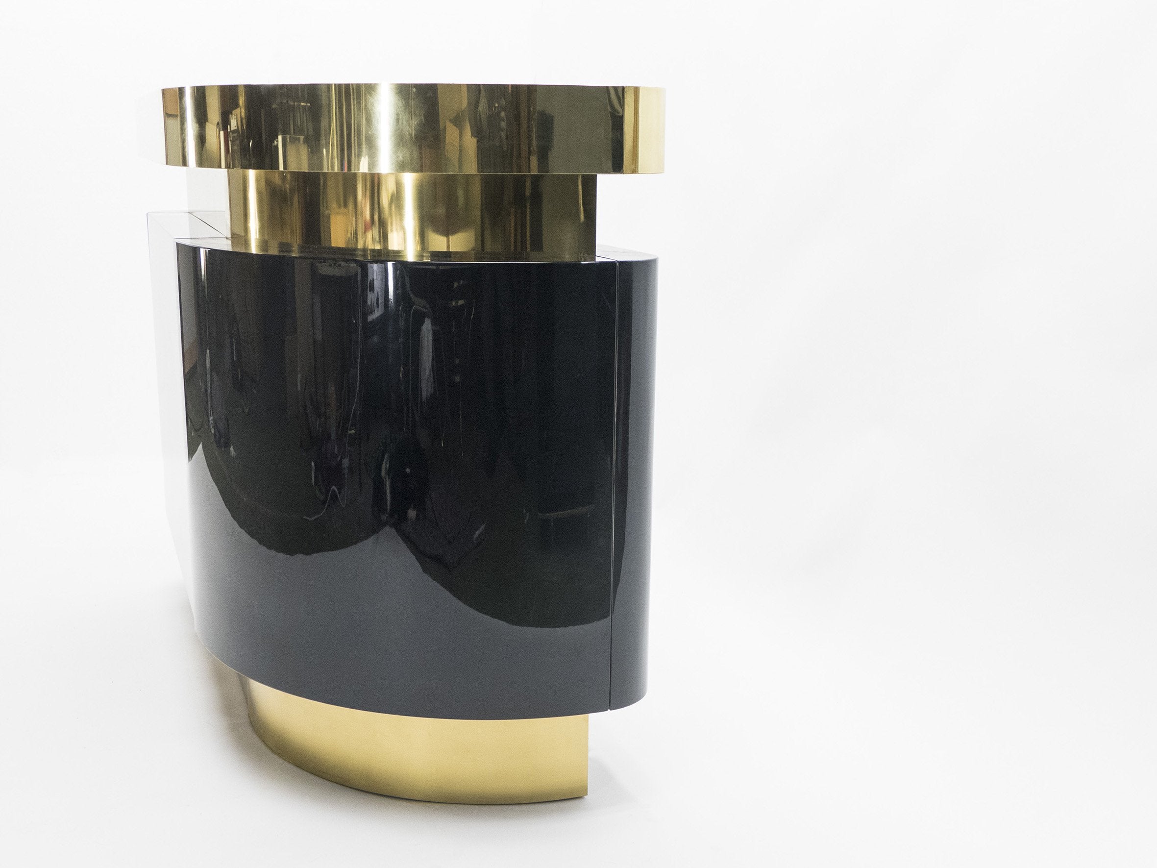 Unique French Hollywood Regency lacquer brass bar cabinet J.C. Mahey 1970s