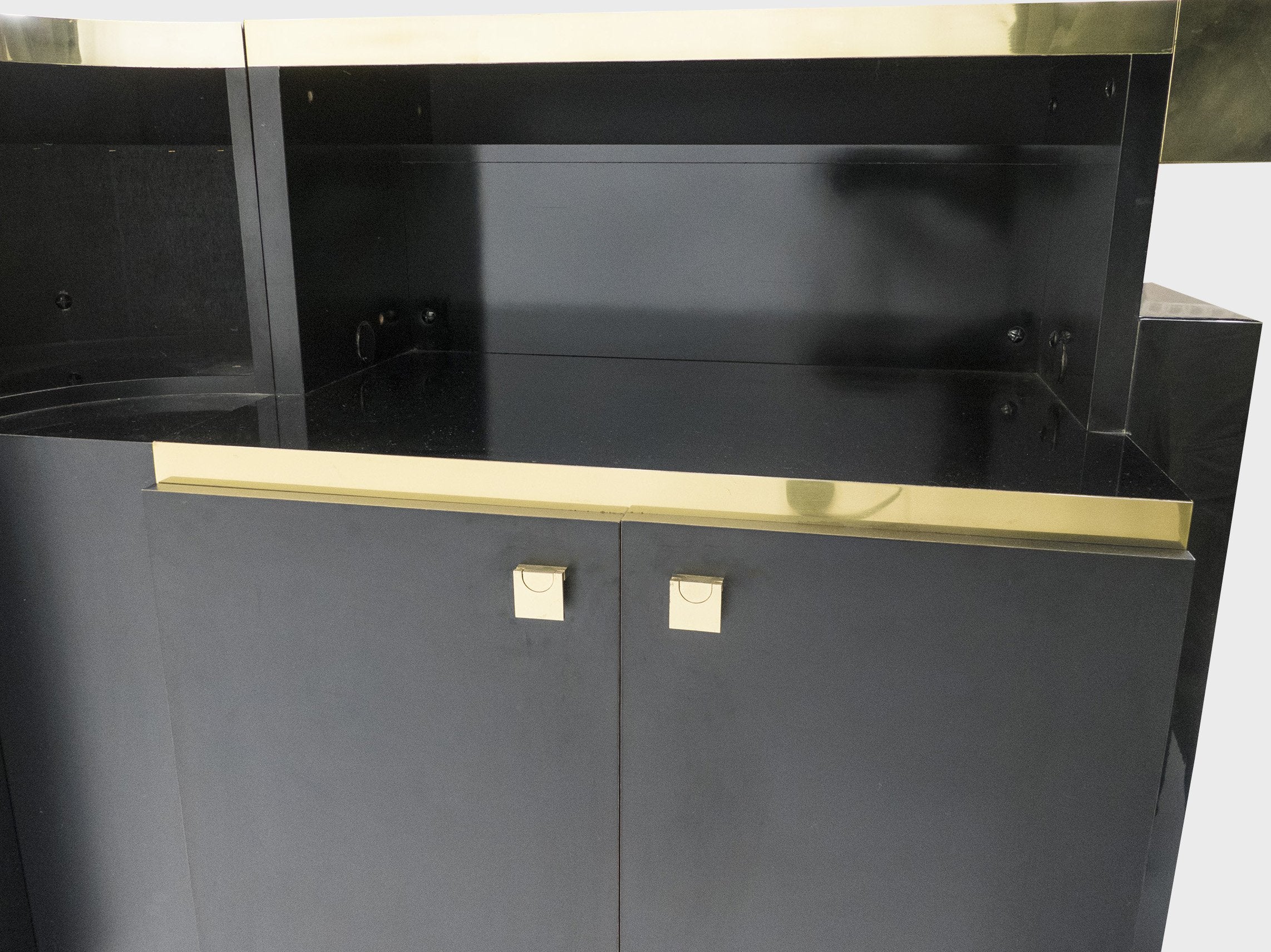 Unique French Hollywood Regency lacquer brass bar cabinet J.C. Mahey 1970s