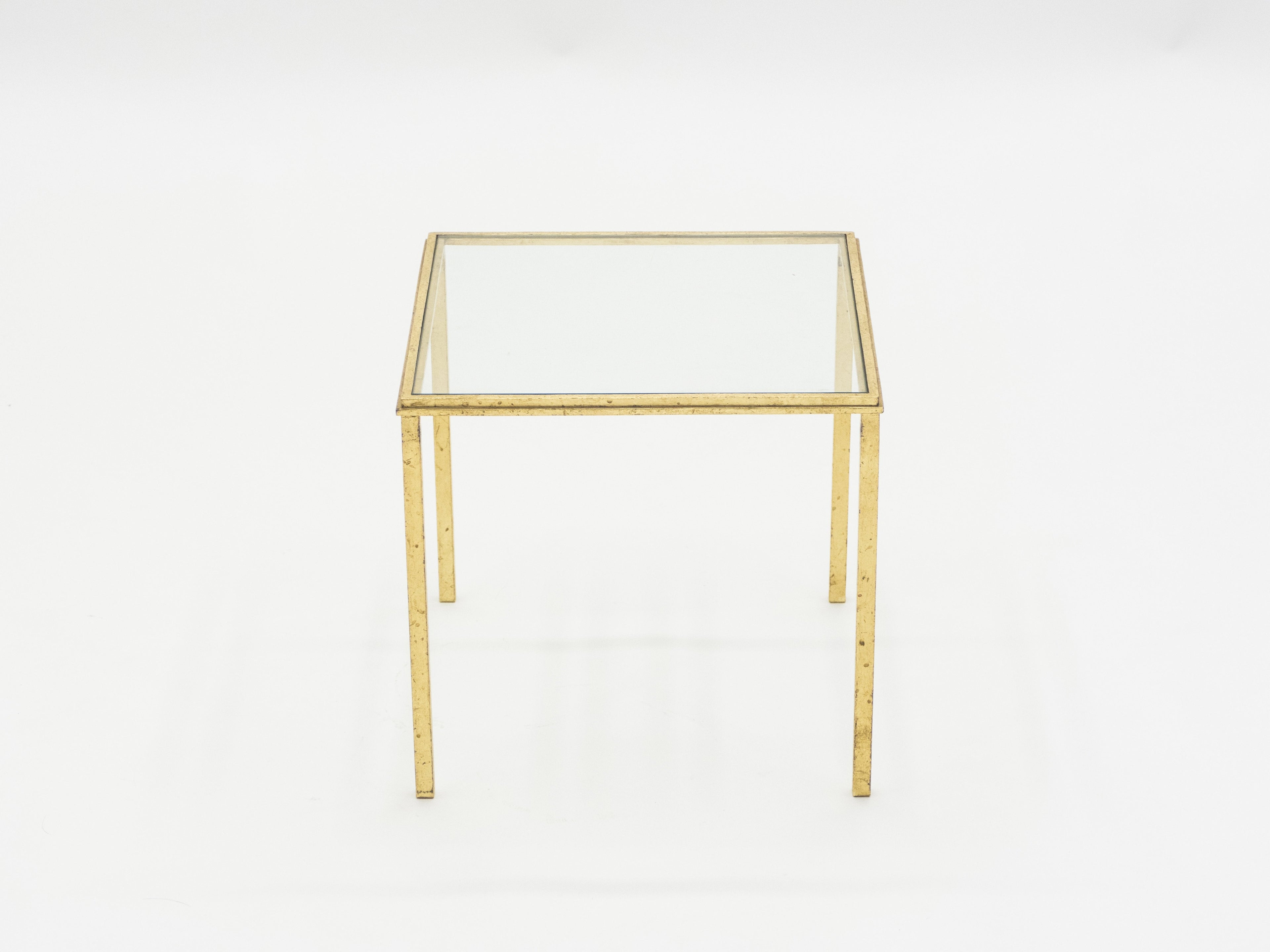 Mid-century Roger Thibier gilt wrought iron gold leaf nesting tables 1960s