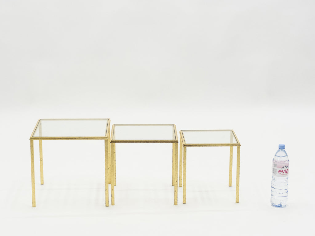 Mid-century Roger Thibier gilt wrought iron gold leaf nesting tables 1960s
