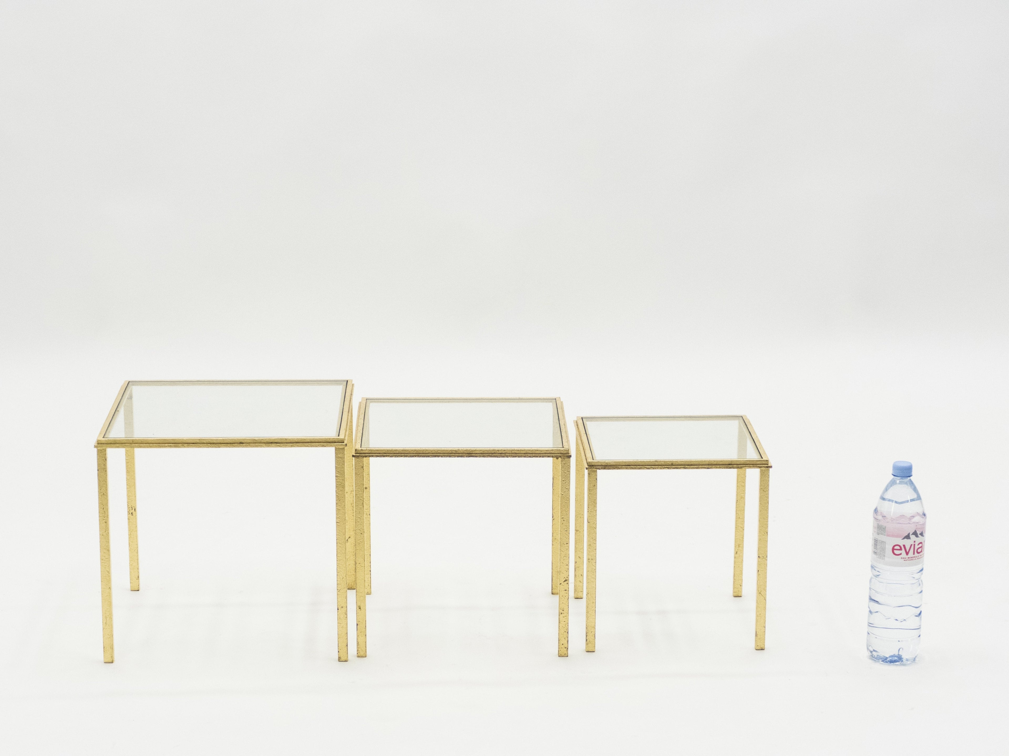 Mid-century Roger Thibier gilt wrought iron gold leaf nesting tables 1960s