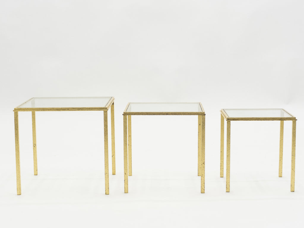 Mid-century Roger Thibier gilt wrought iron gold leaf nesting tables 1960s