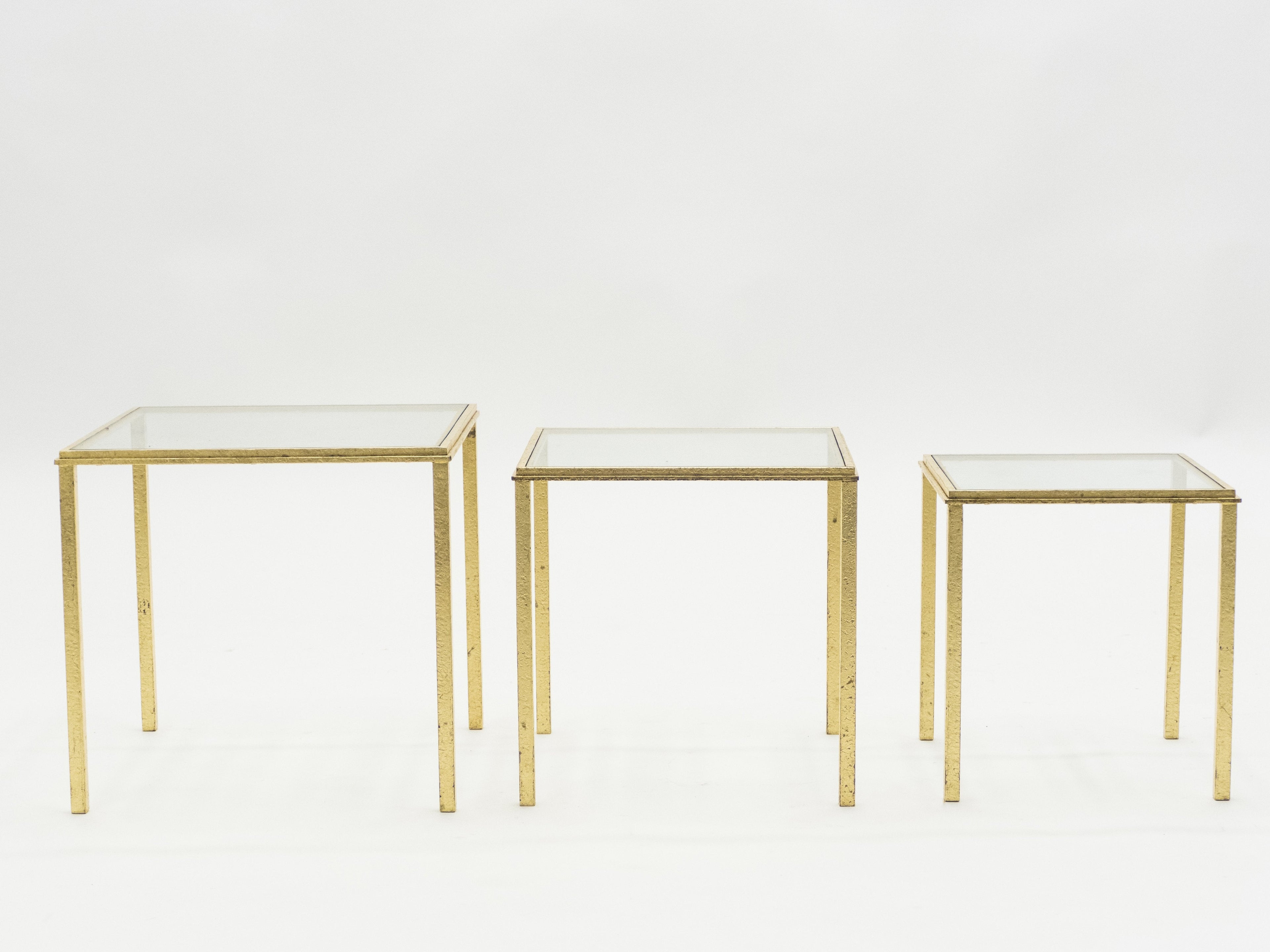 Mid-century Roger Thibier gilt wrought iron gold leaf nesting tables 1960s