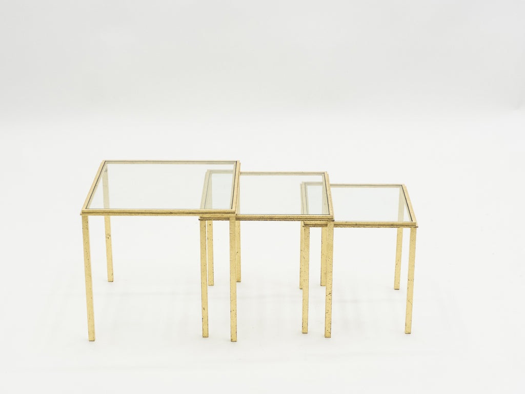 Mid-century Roger Thibier gilt wrought iron gold leaf nesting tables 1960s