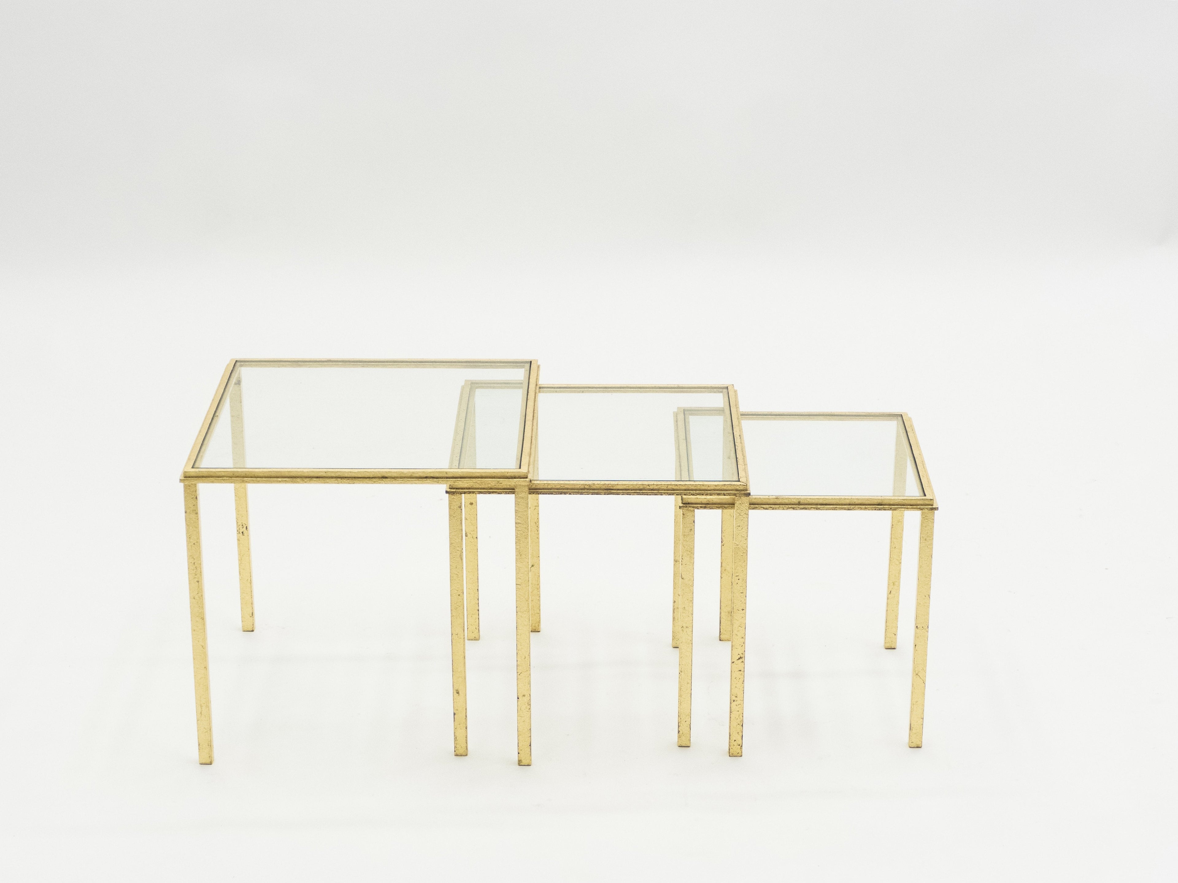 Mid-century Roger Thibier gilt wrought iron gold leaf nesting tables 1960s
