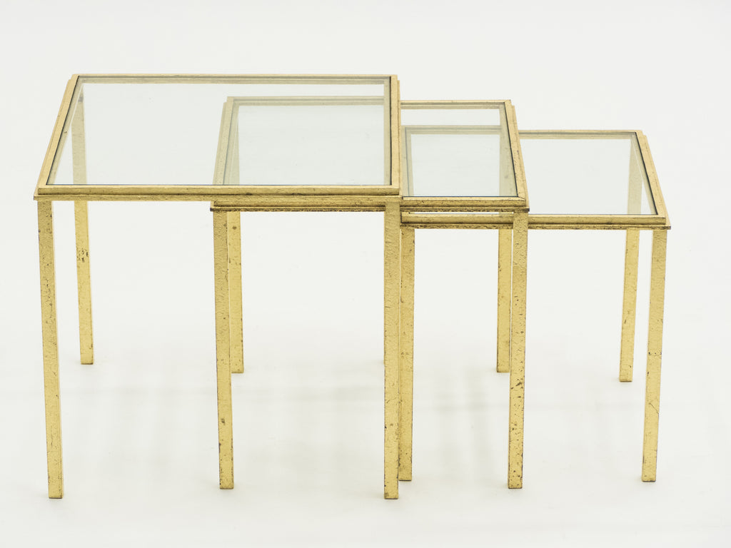 Mid-century Roger Thibier gilt wrought iron gold leaf nesting tables 1960s