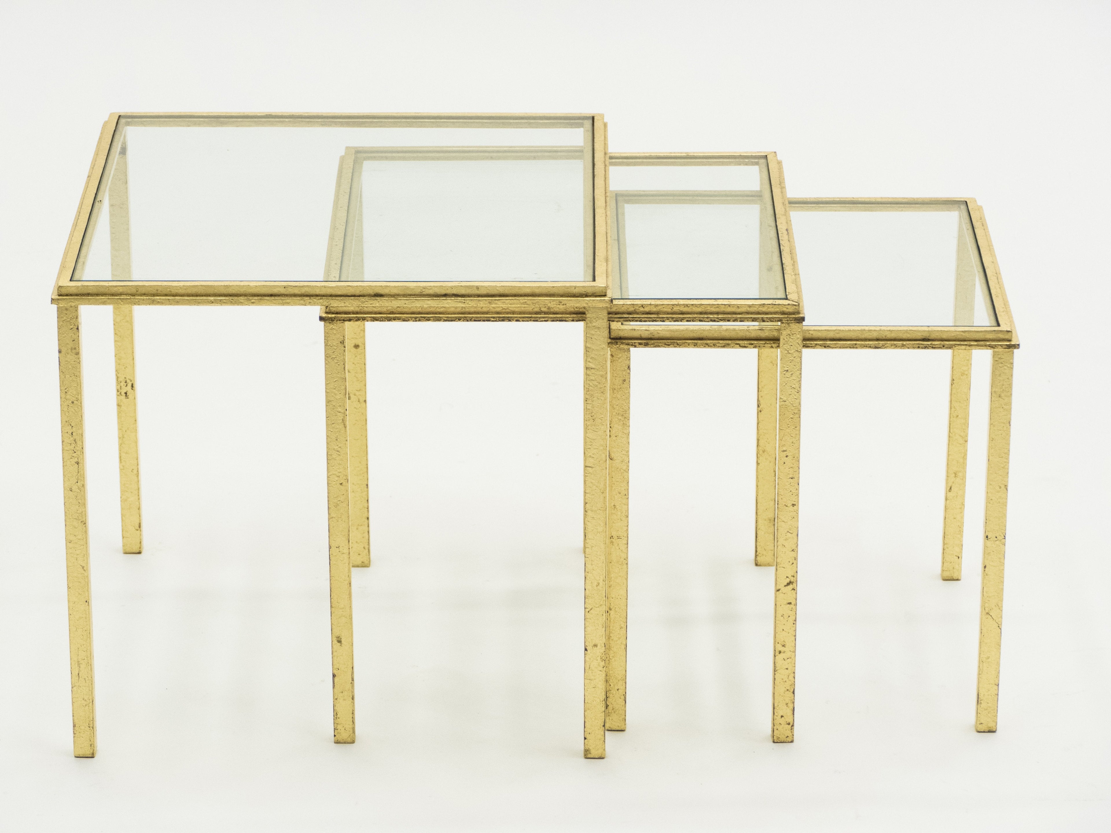 Mid-century Roger Thibier gilt wrought iron gold leaf nesting tables 1960s