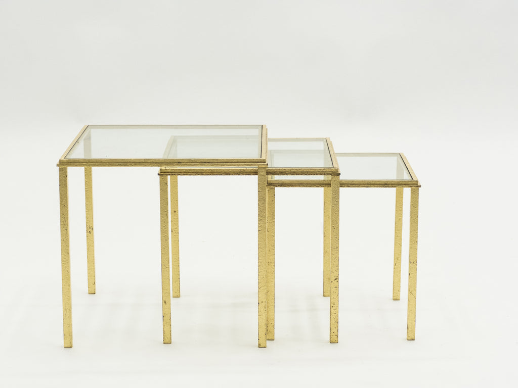 Mid-century Roger Thibier gilt wrought iron gold leaf nesting tables 1960s