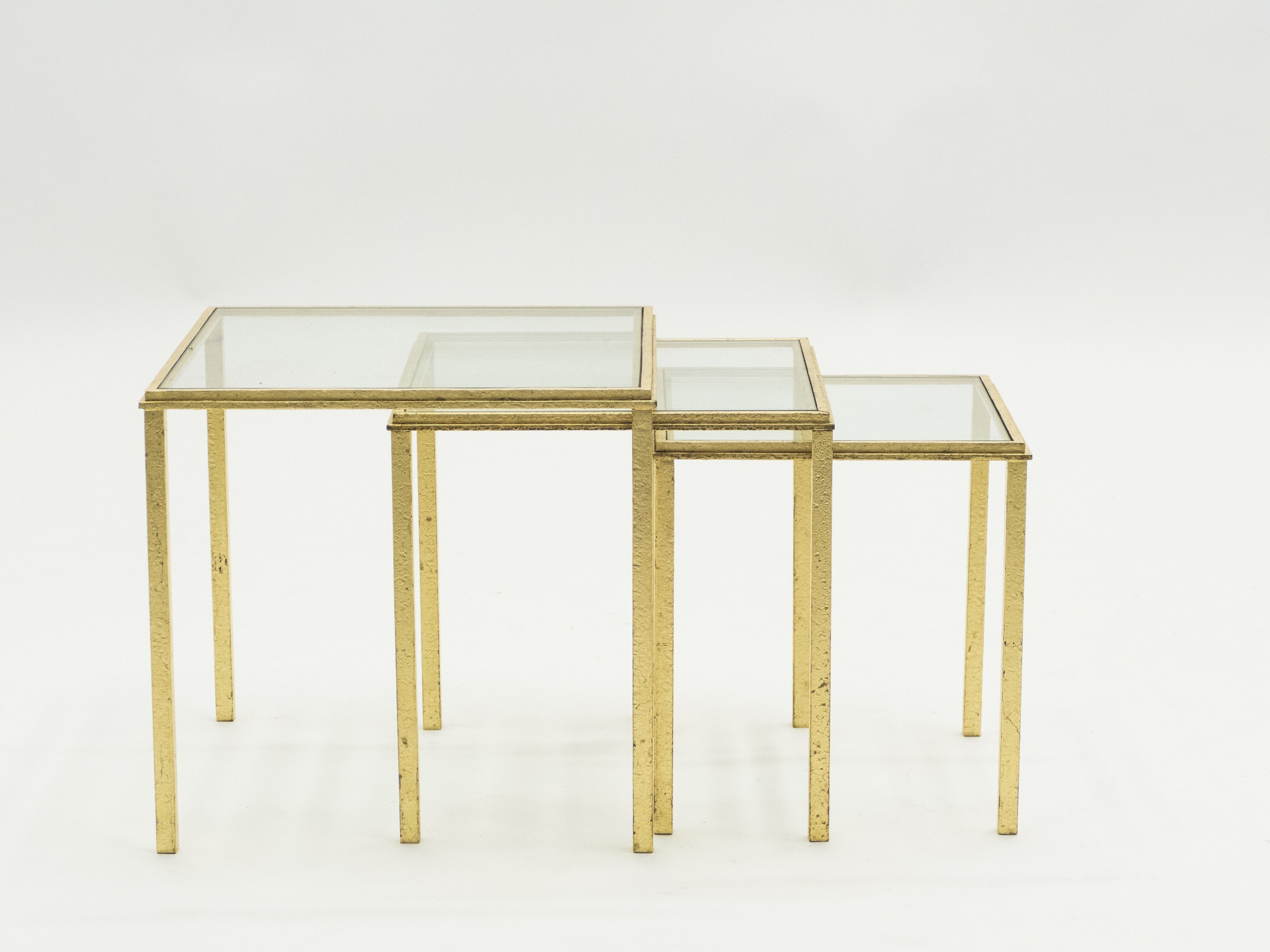 Mid-century Roger Thibier gilt wrought iron gold leaf nesting tables 1960s