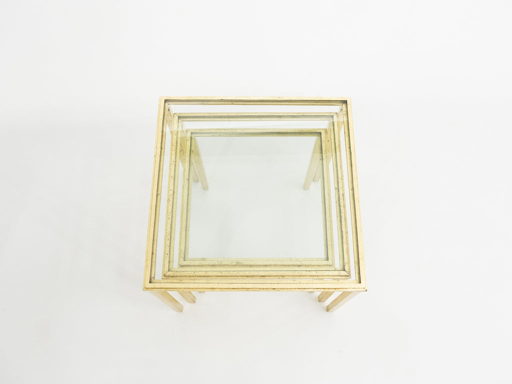 Mid-century Roger Thibier gilt wrought iron gold leaf nesting tables 1960s
