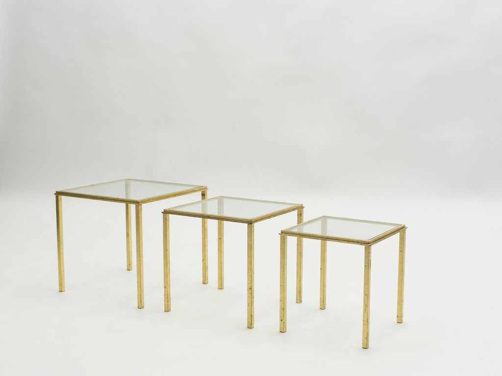 Mid-century Roger Thibier gilt wrought iron gold leaf nesting tables 1960s