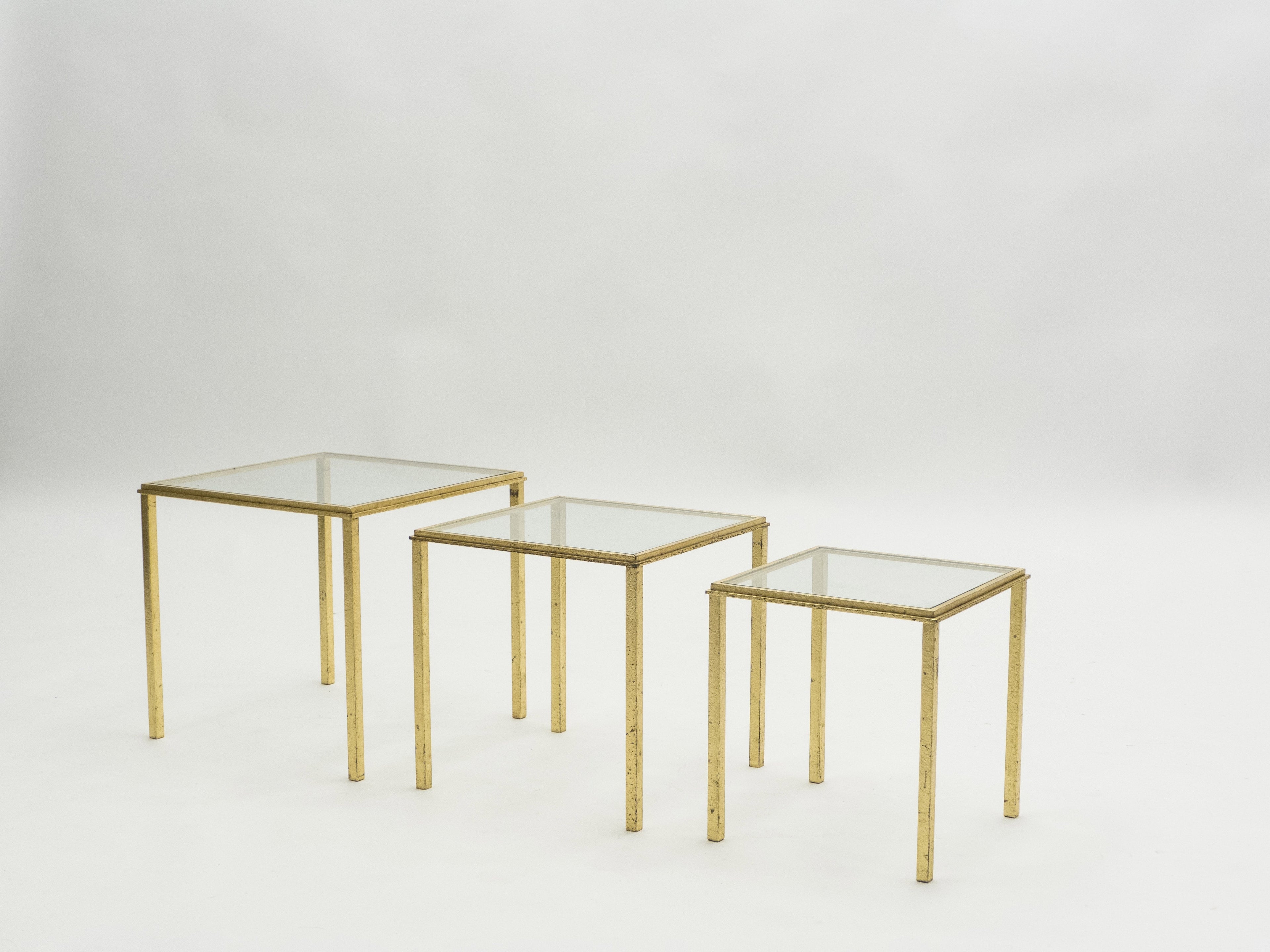 Mid-century Roger Thibier gilt wrought iron gold leaf nesting tables 1960s
