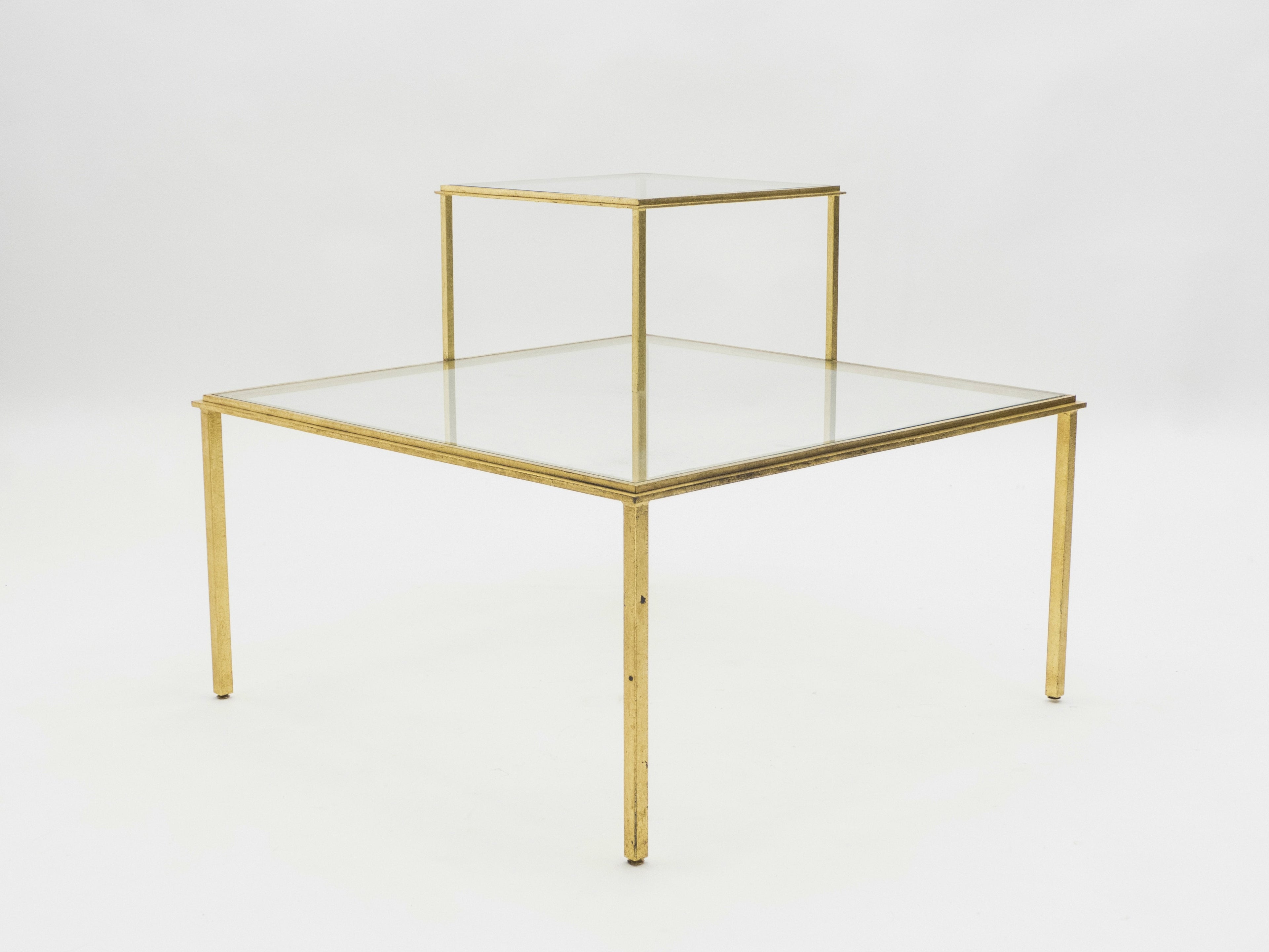 Roger Thibier gilt wrought iron glass coffee end table 1960s